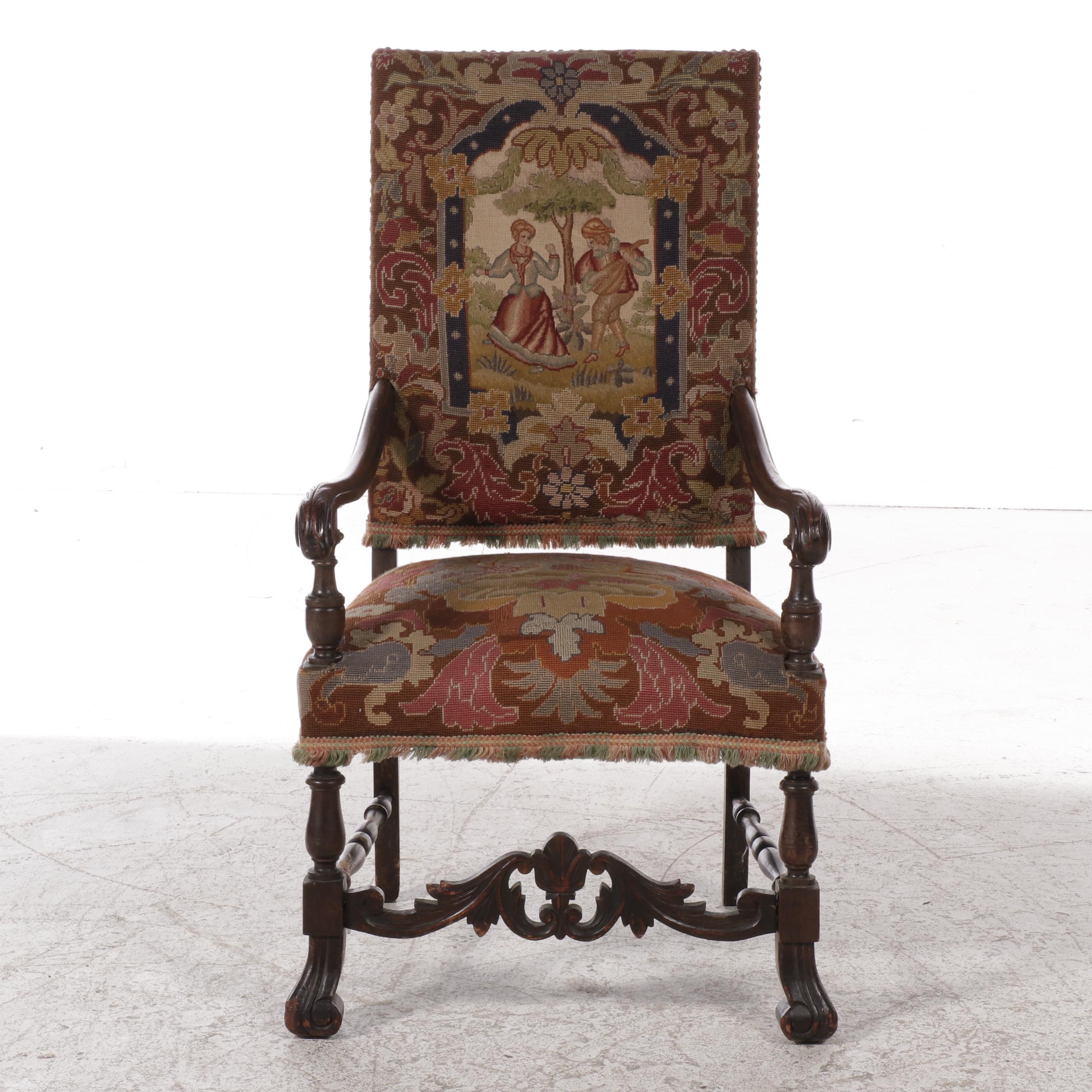 French Louis XIV Style Carved Walnut Armchair with Needlepoint