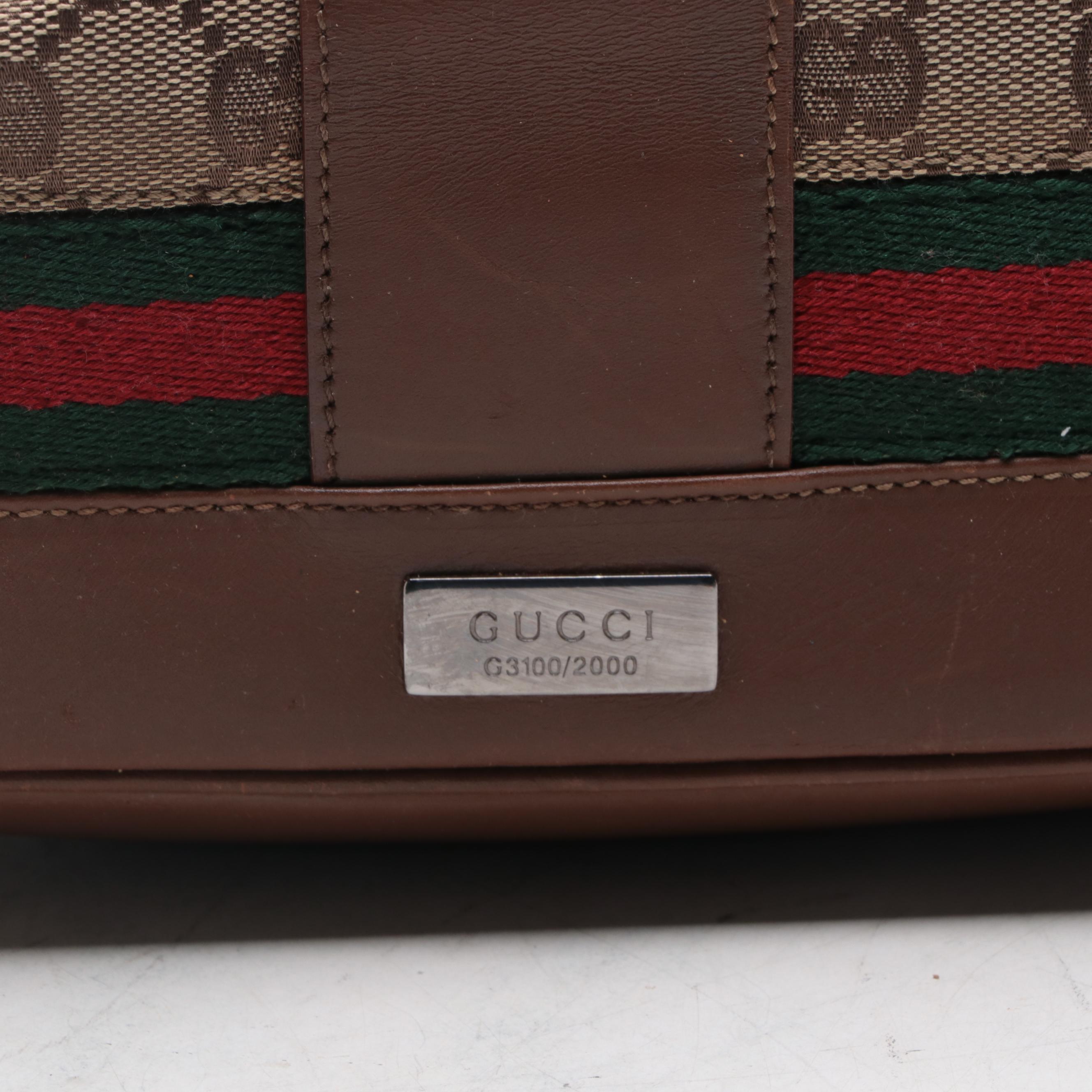 Gucci Web Stripe Shoulder Bag in GG Canvas with Leather Trim