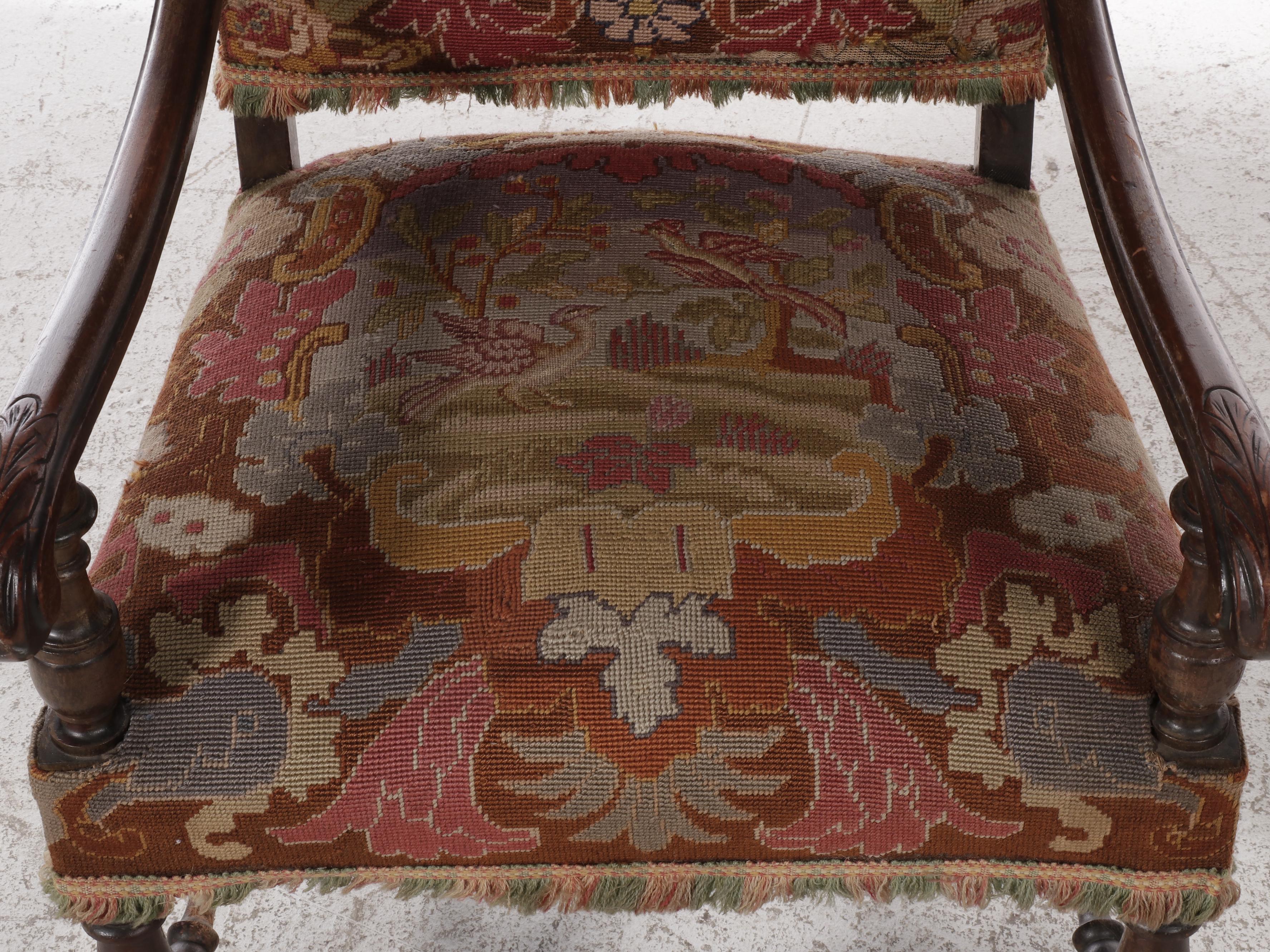 French Louis XIV Style Carved Walnut Armchair with Needlepoint