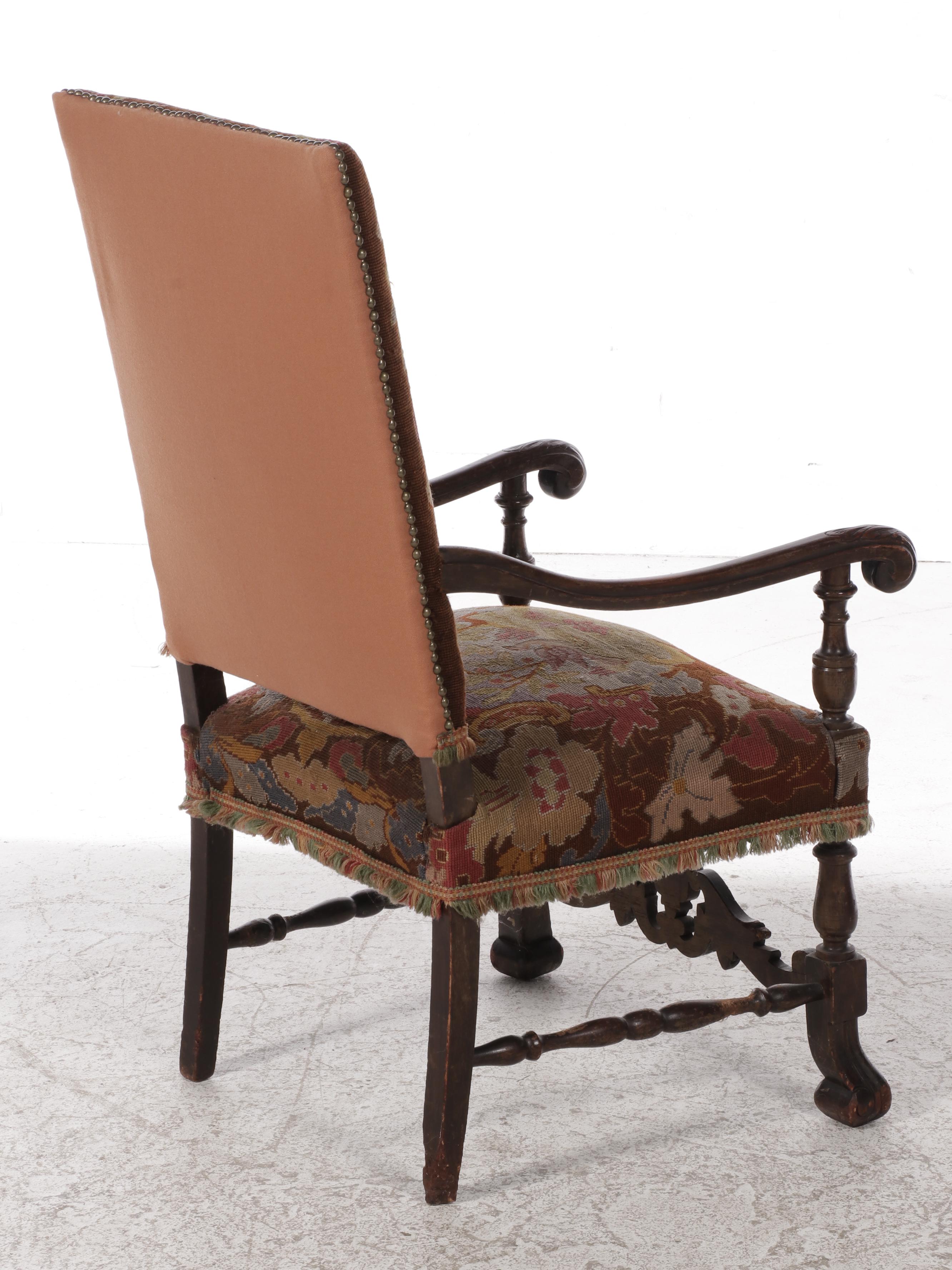 French Louis XIV Style Carved Walnut Armchair with Needlepoint