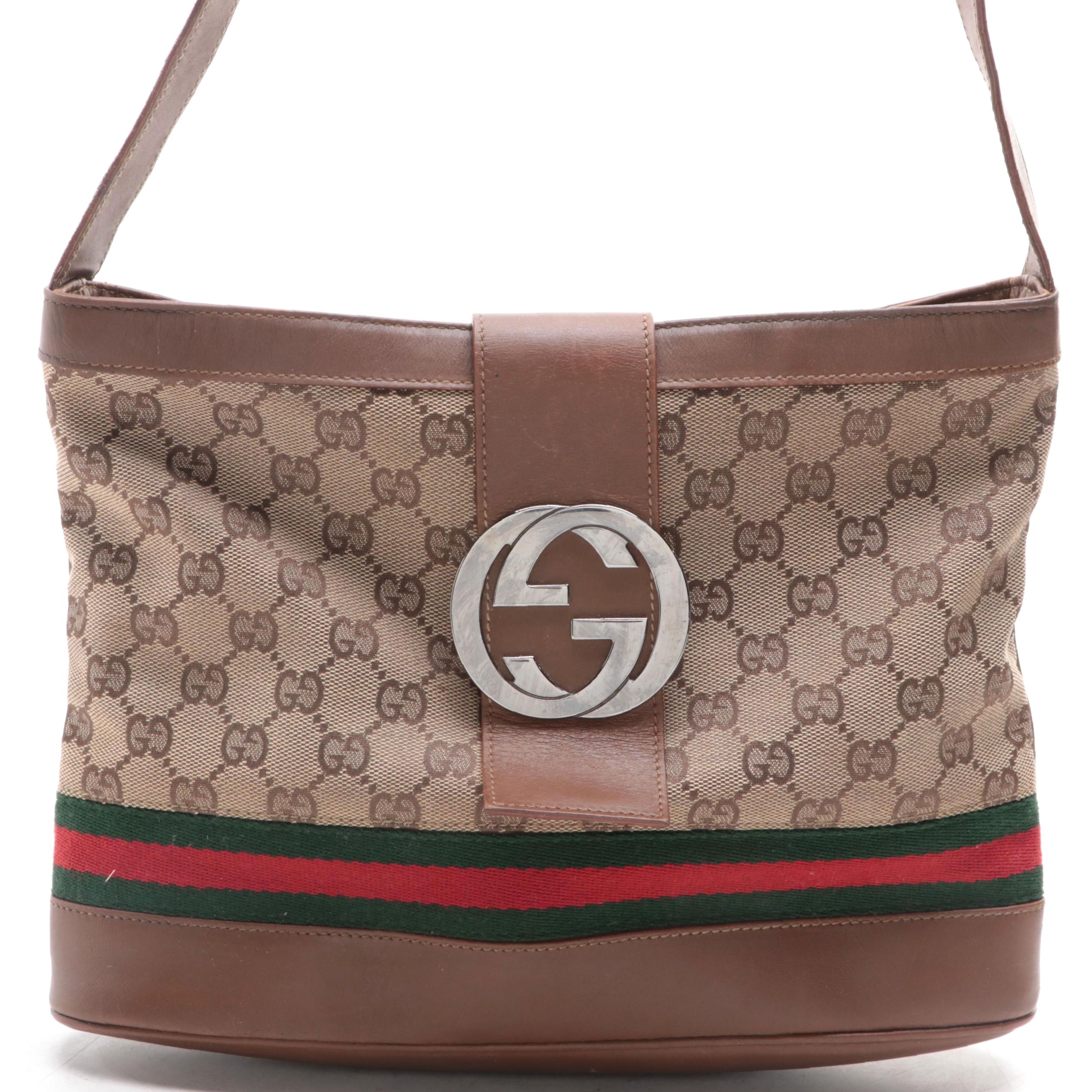 Gucci Web Stripe Shoulder Bag in GG Canvas with Leather Trim