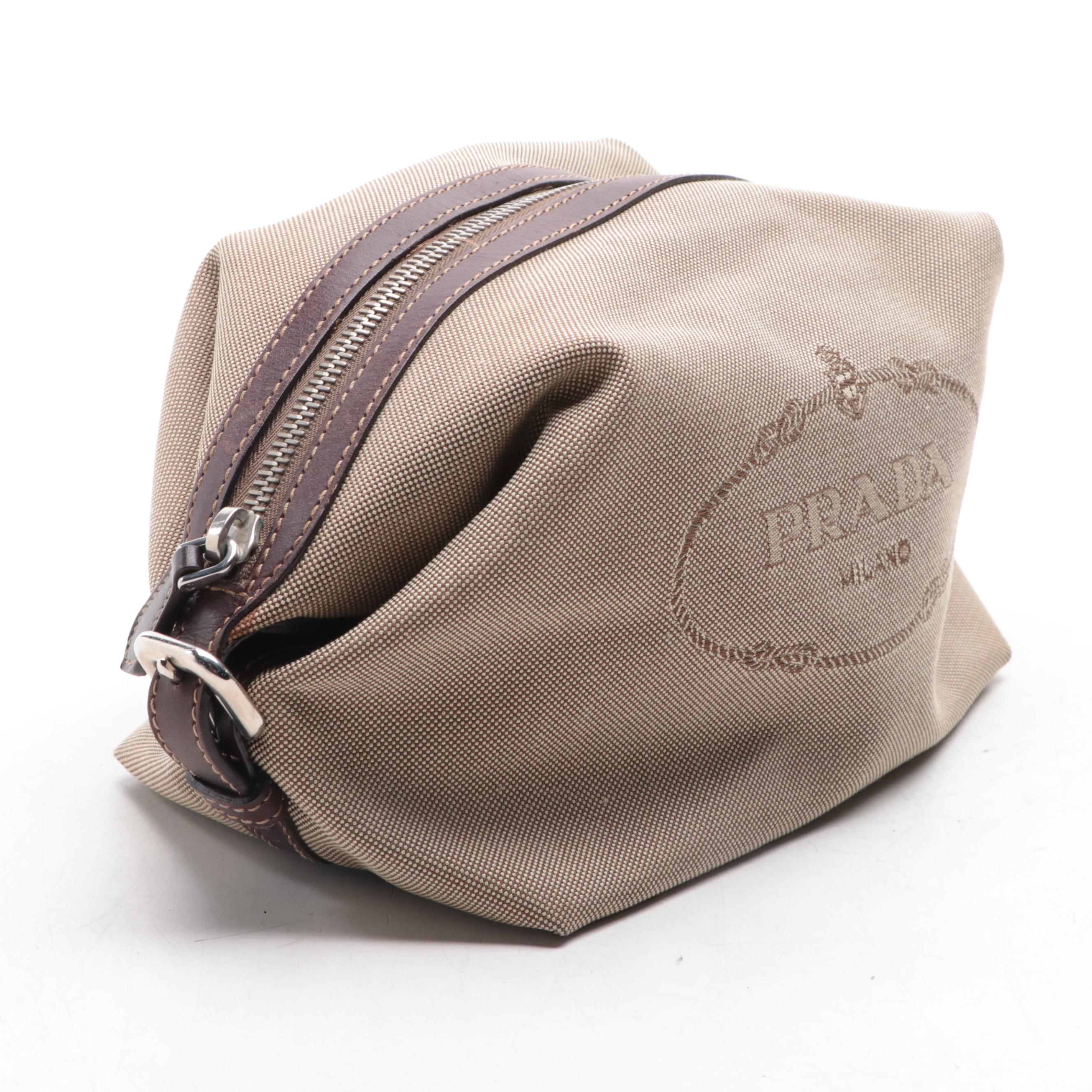Prada Logo Toiletry Pouch in Canvas with Leather Trim