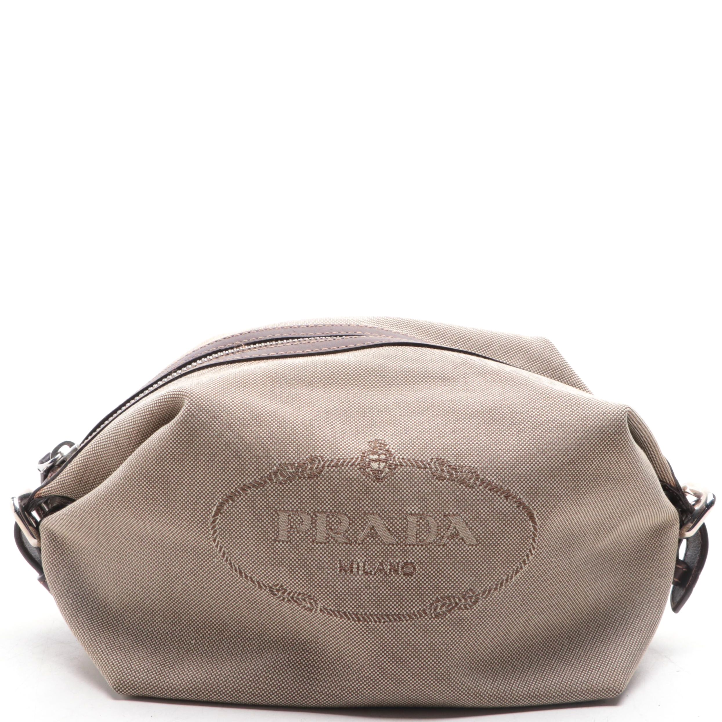 Prada Logo Toiletry Pouch in Canvas with Leather Trim