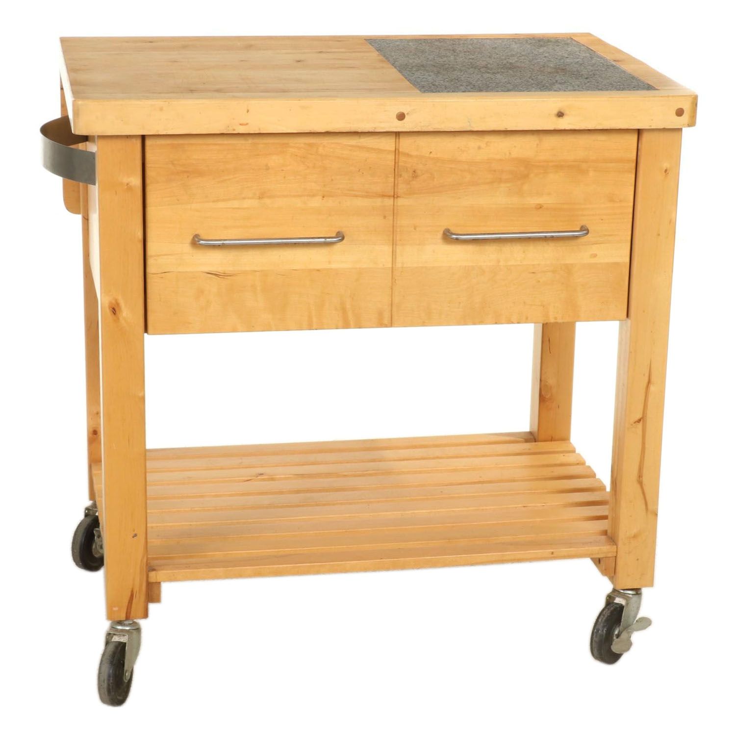 Wooden Butcher Block with Granite Insert Kitchen Island on Wheels