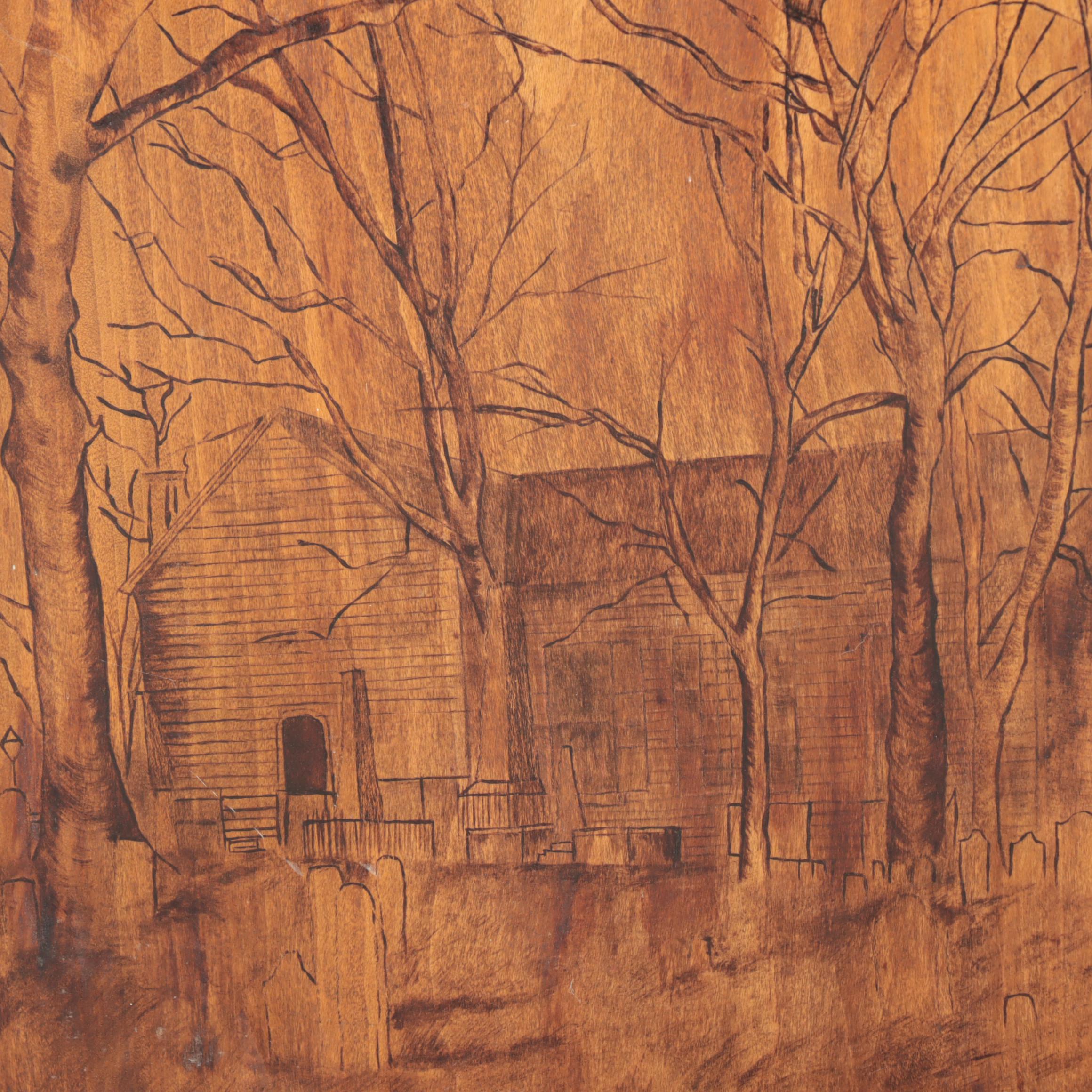 Incised Wooden Panel with Churchyard Scene