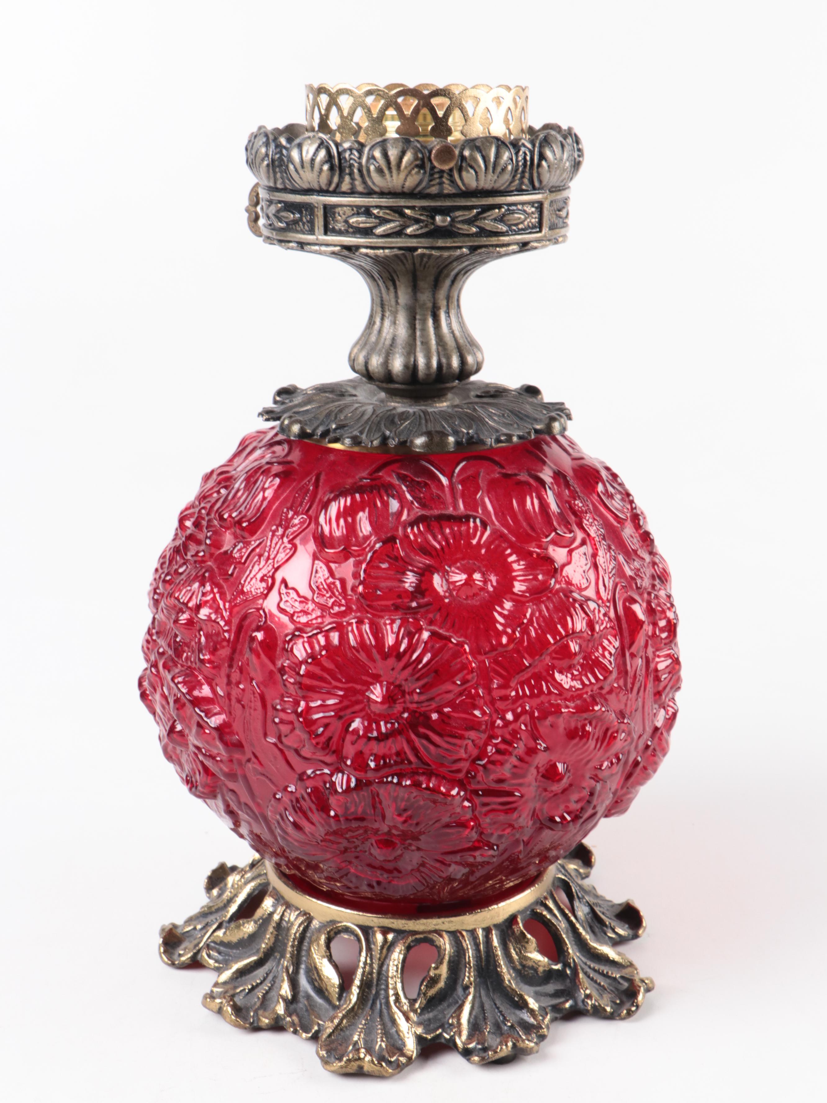 Loevsky & Loevsky With Fenton Poppies Red Glass Parlor Lamp, Mid-20th C