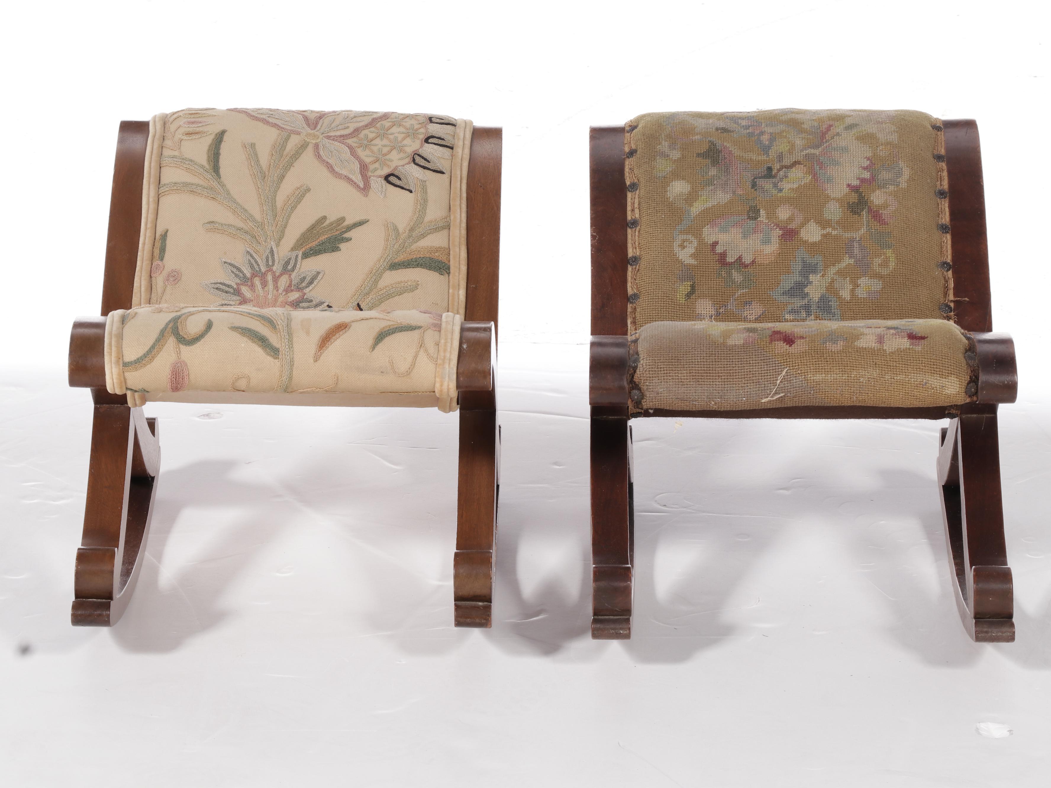 Near Pair of George III Needlepoint and Crewel Upholstered Mahogany Gout Stools