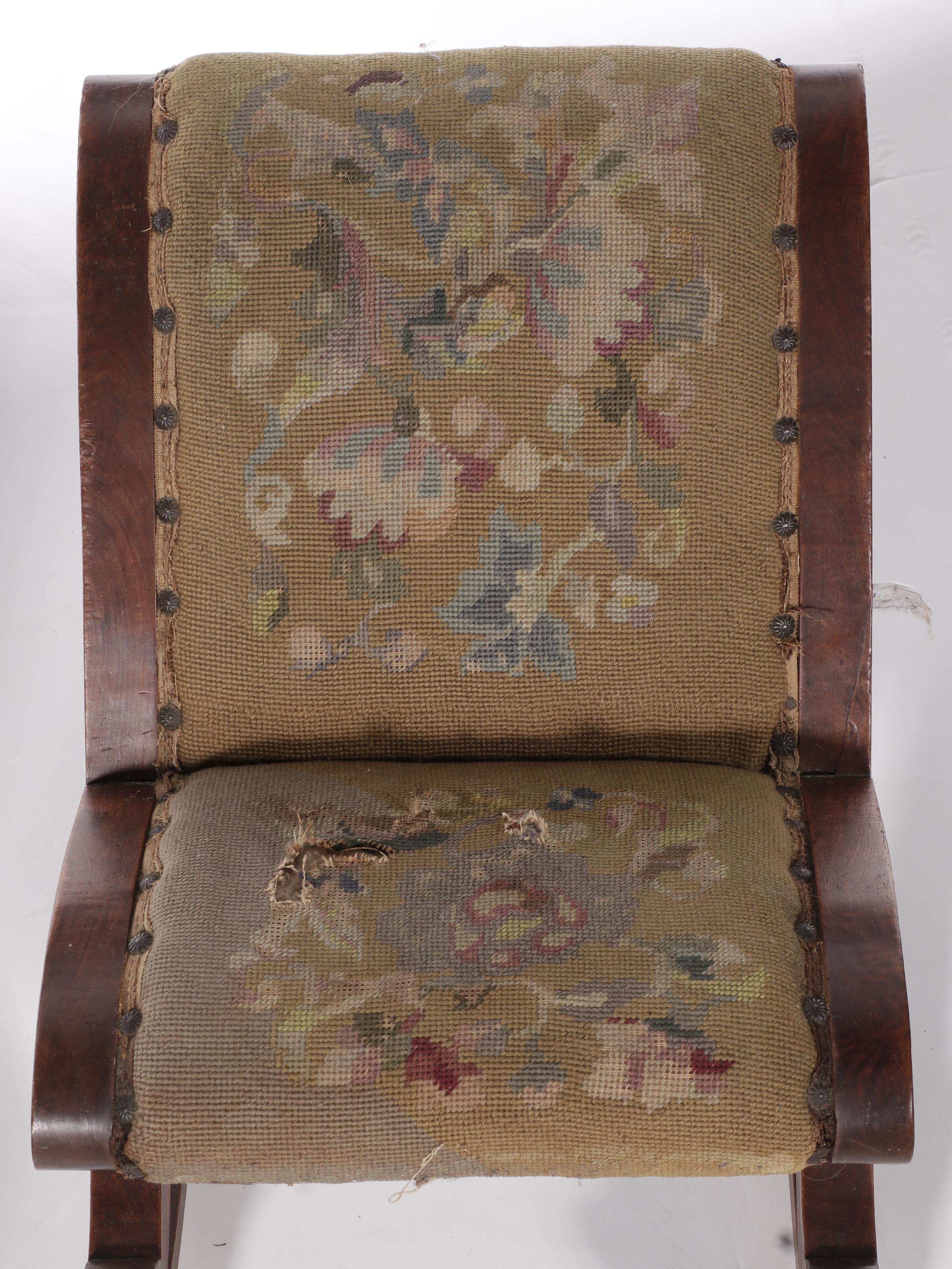 Near Pair of George III Needlepoint and Crewel Upholstered Mahogany Gout Stools