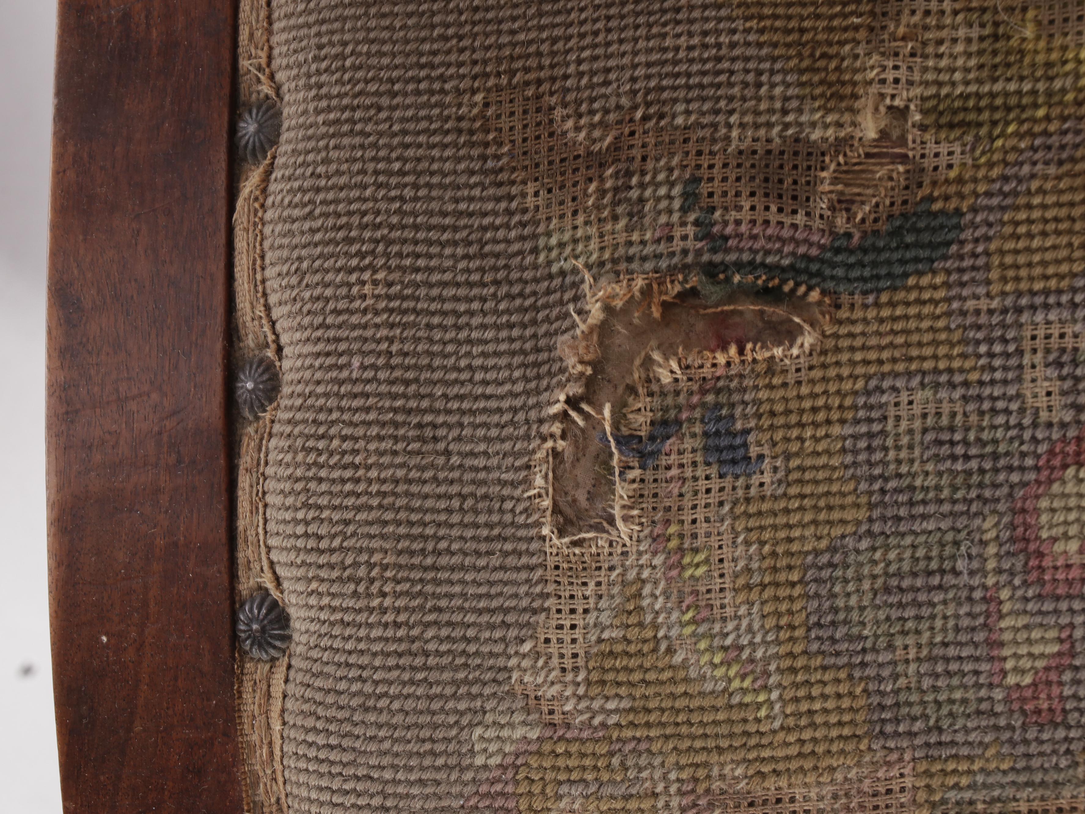 Near Pair of George III Needlepoint and Crewel Upholstered Mahogany Gout Stools