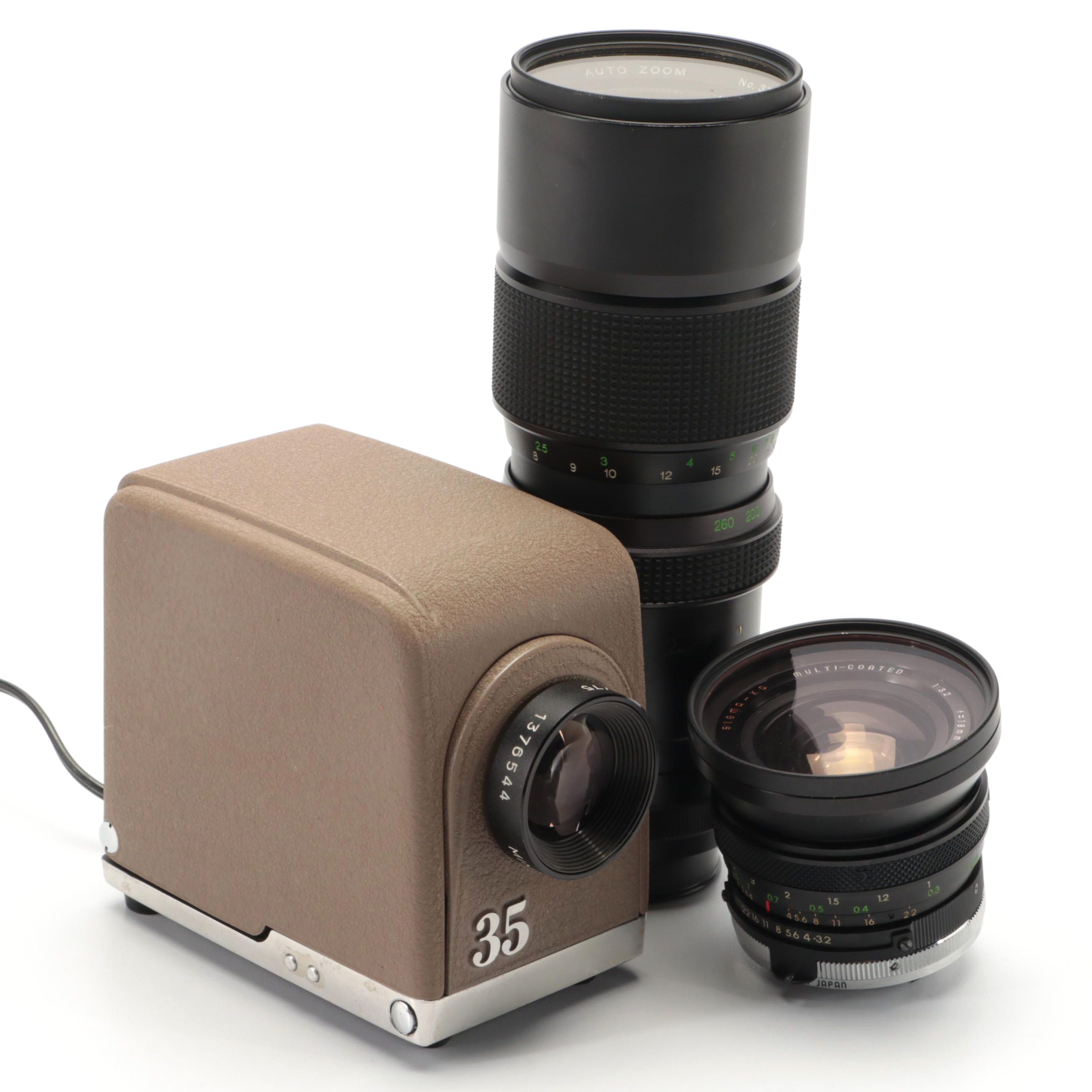 Minolta Mini 35 Slide Projector with Sigma and Other Camera Lenses