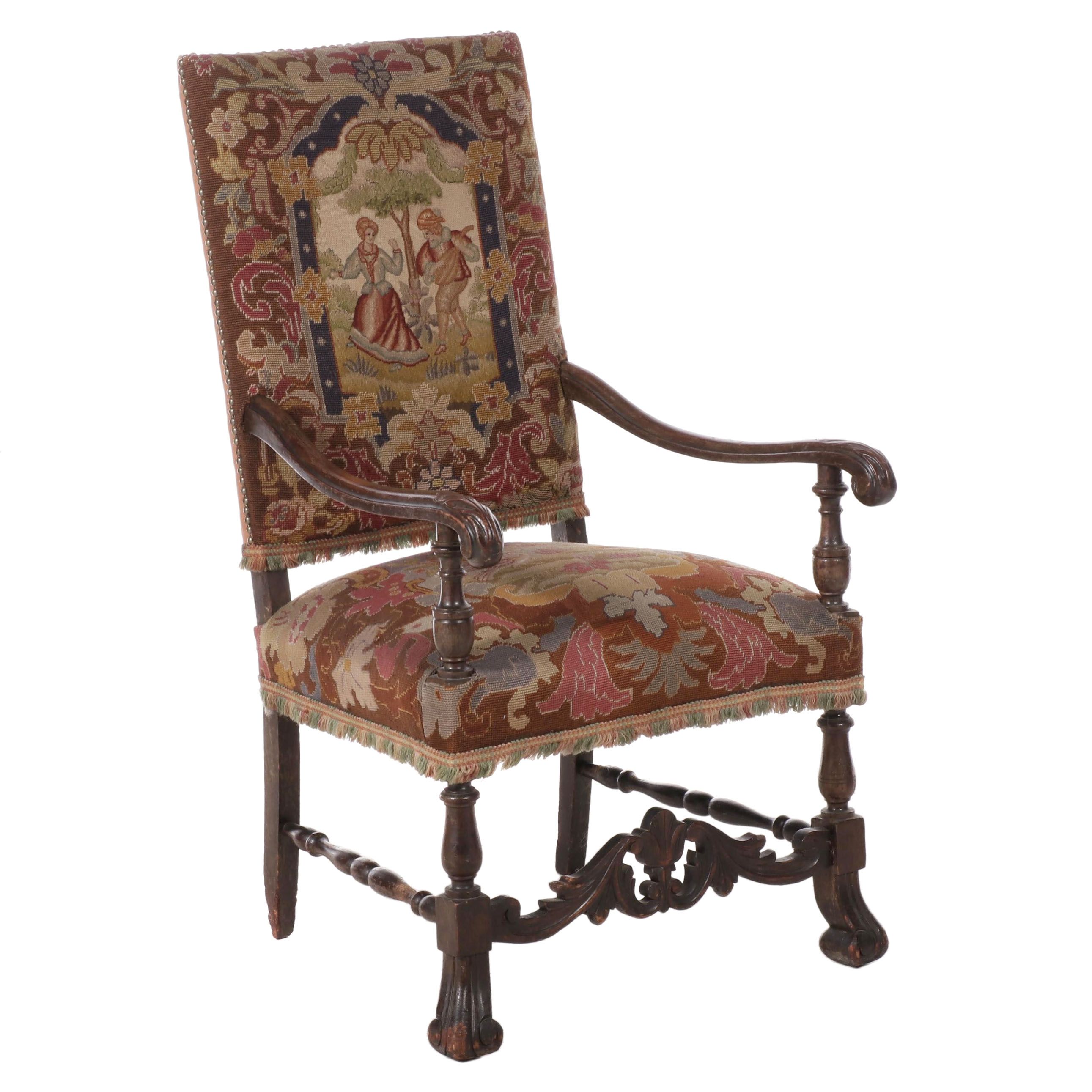 French Louis XIV Style Carved Walnut Armchair with Needlepoint