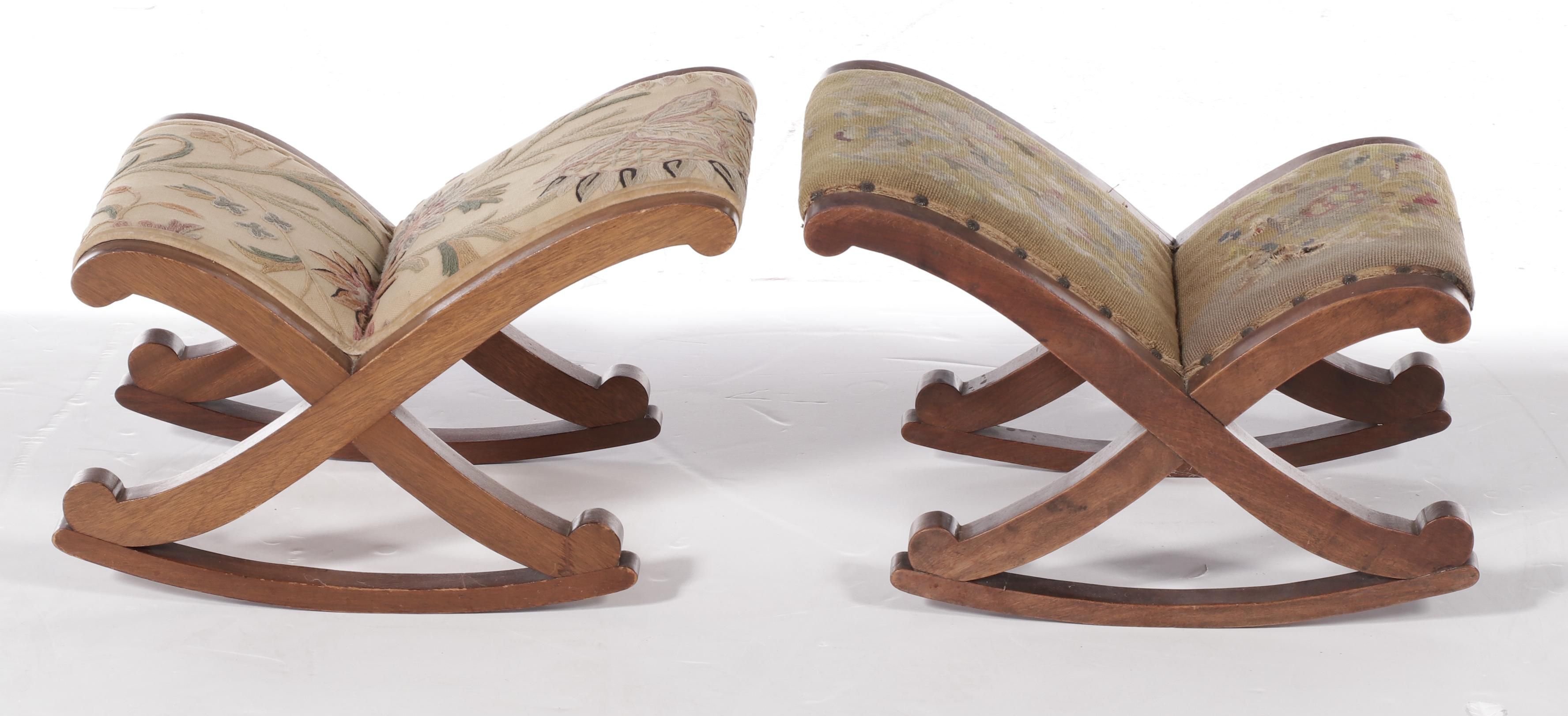 Near Pair of George III Needlepoint and Crewel Upholstered Mahogany Gout Stools