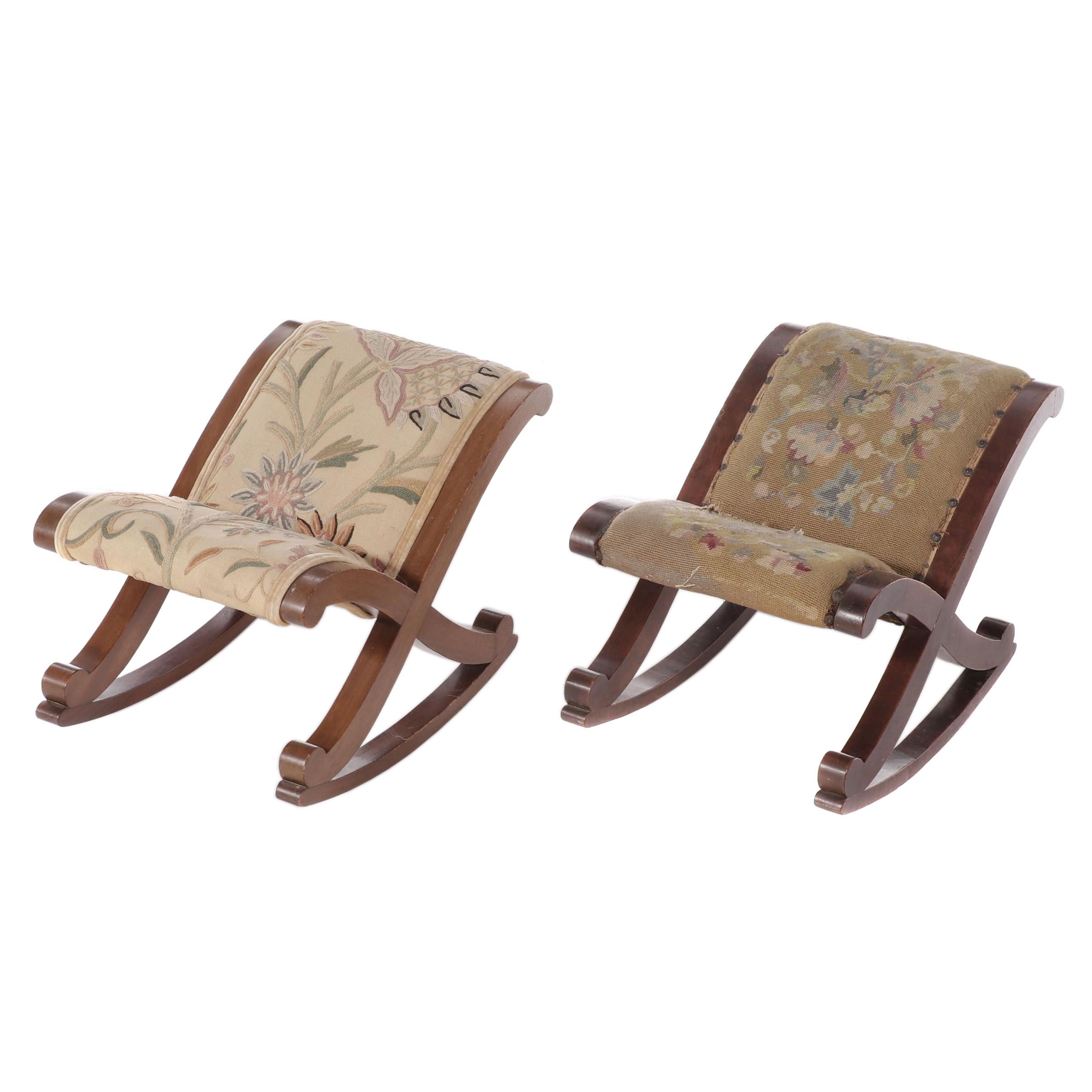 Near Pair of George III Needlepoint and Crewel Upholstered Mahogany Gout Stools