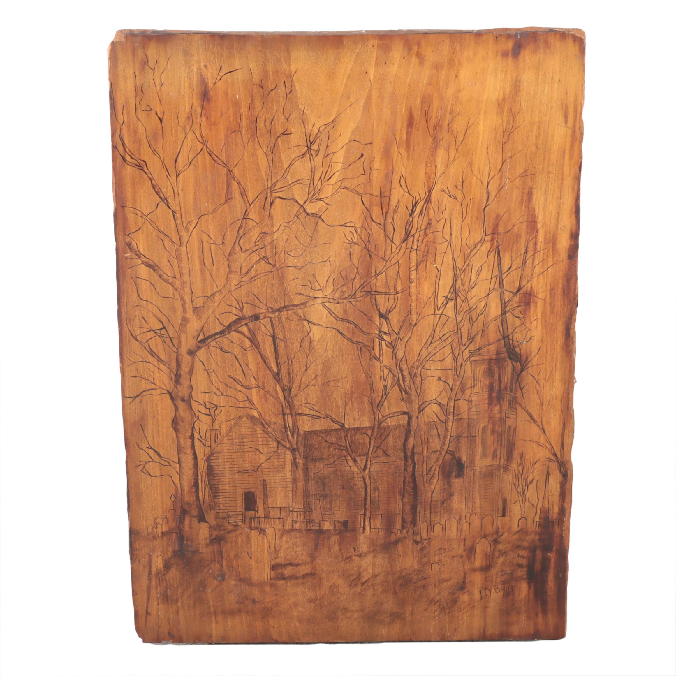 Incised Wooden Panel with Churchyard Scene