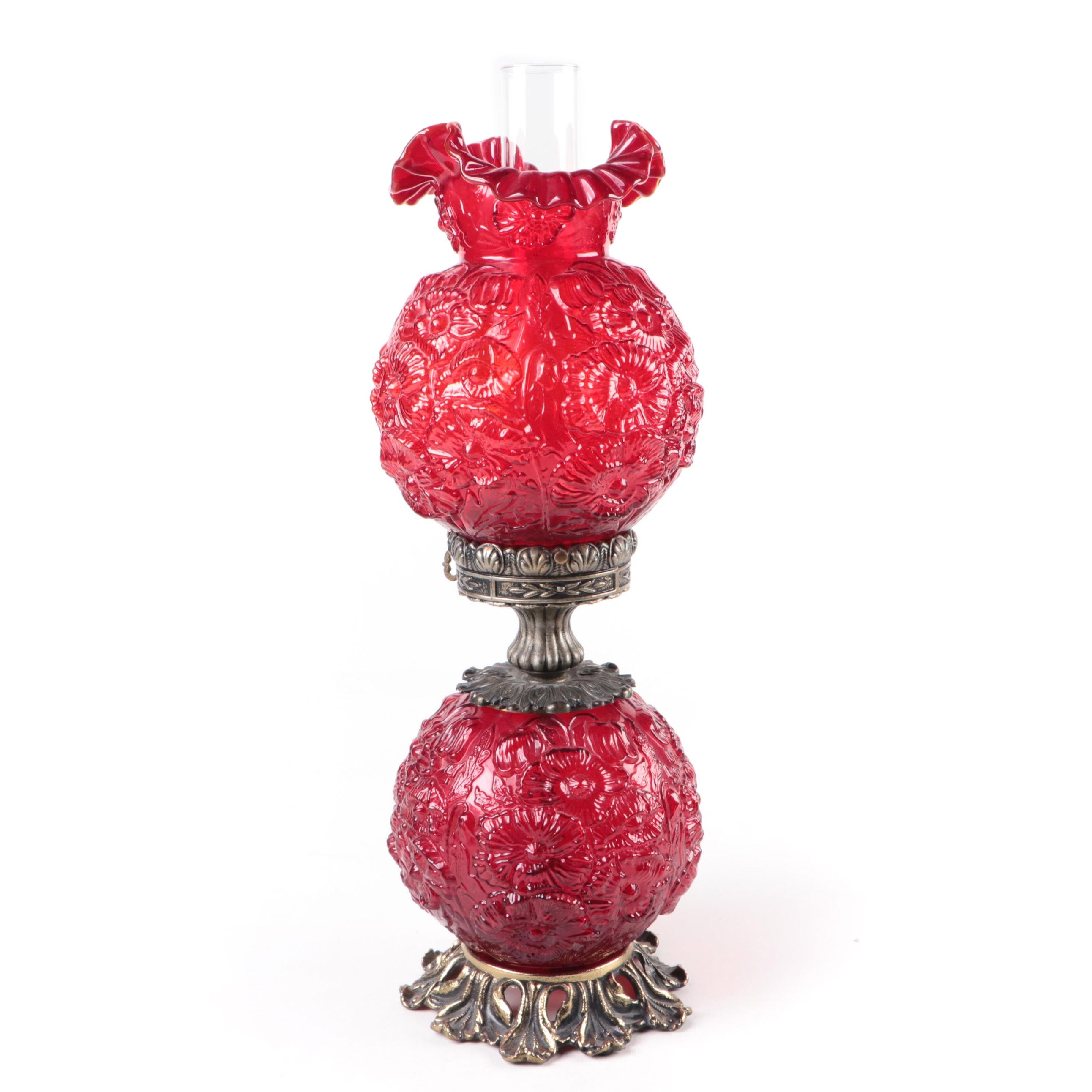 Loevsky & Loevsky With Fenton Poppies Red Glass Parlor Lamp, Mid-20th C