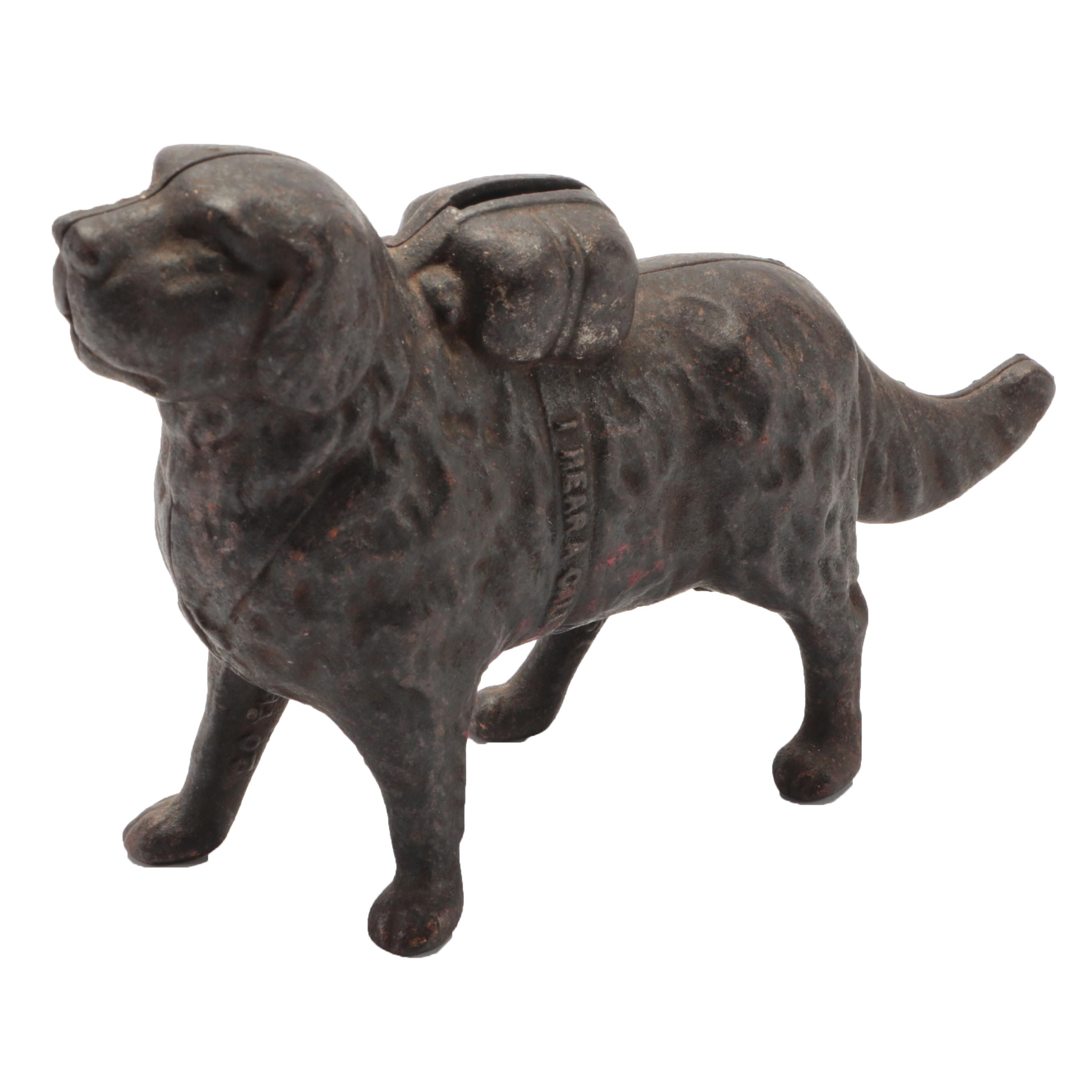 Early 20th-Century Cast Iron Saint Bernard "I Hear A Call" Coin Bank