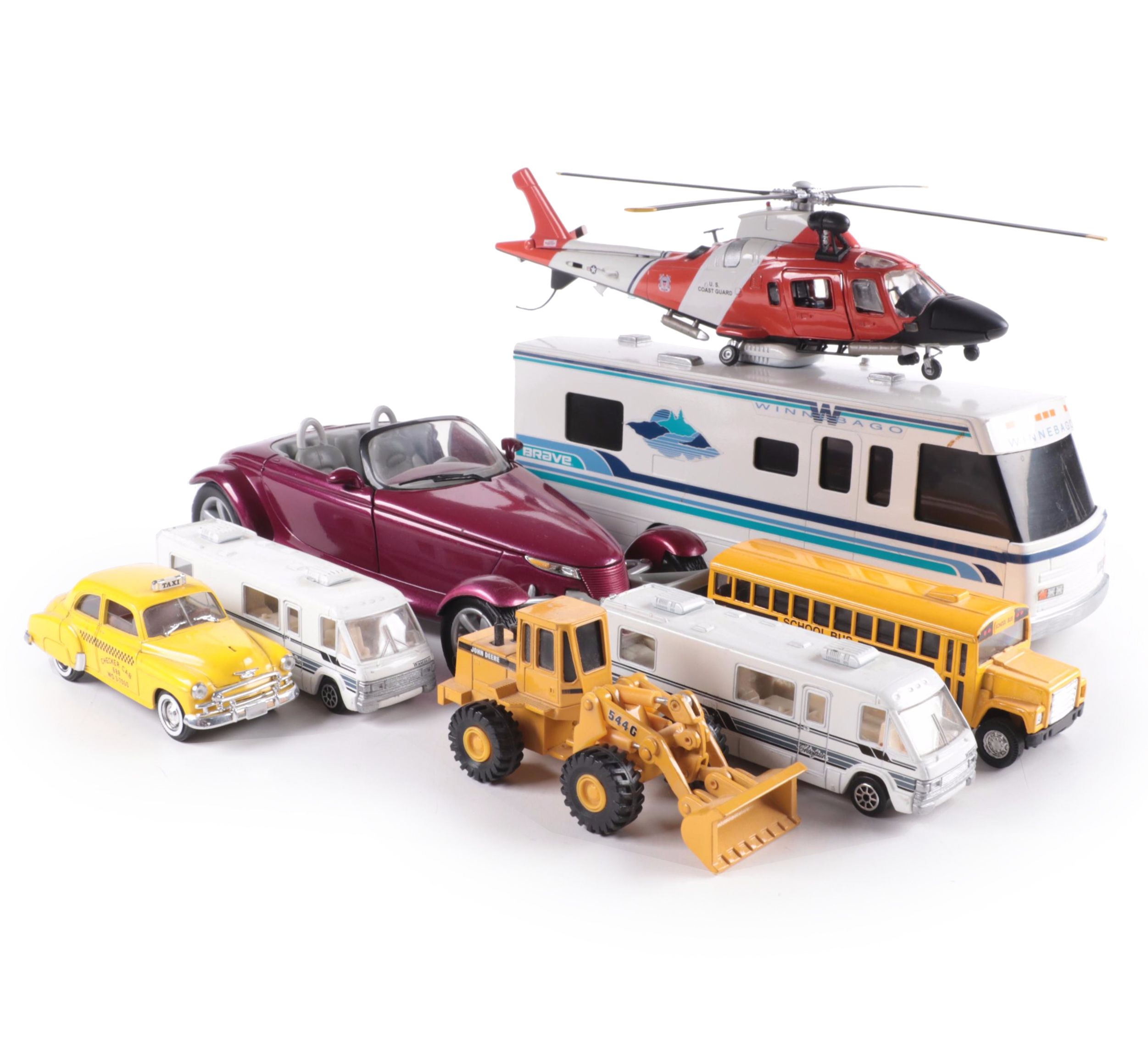 Diecast Model Coast Guard Helicopter, Winnebago RV, Ertl Front Loader and More