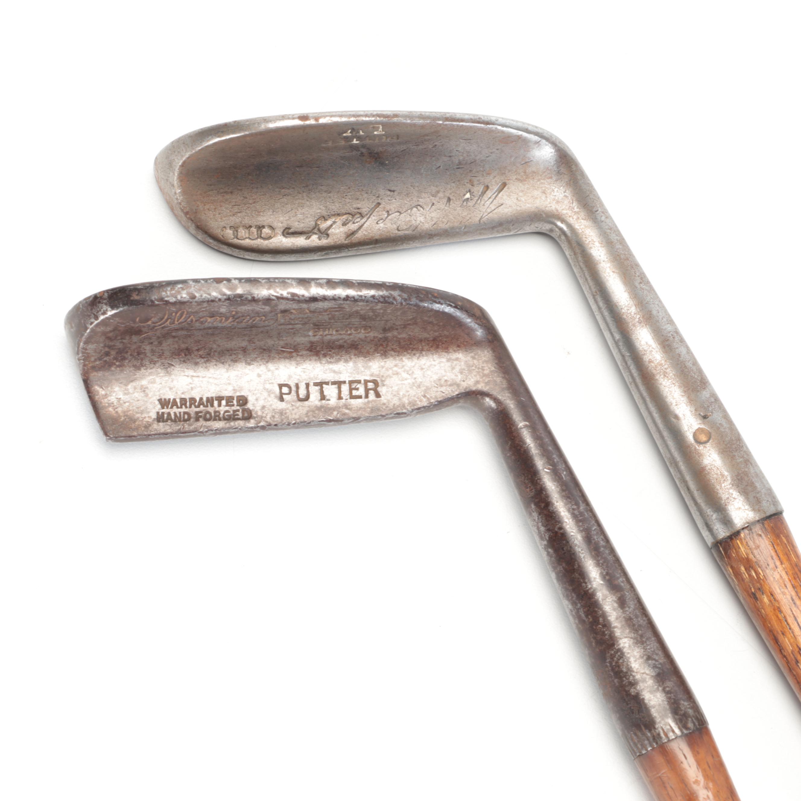 Wilsonian Hand-Forged Putter with Other Hickory Shaft Golfing Irons and Clubs