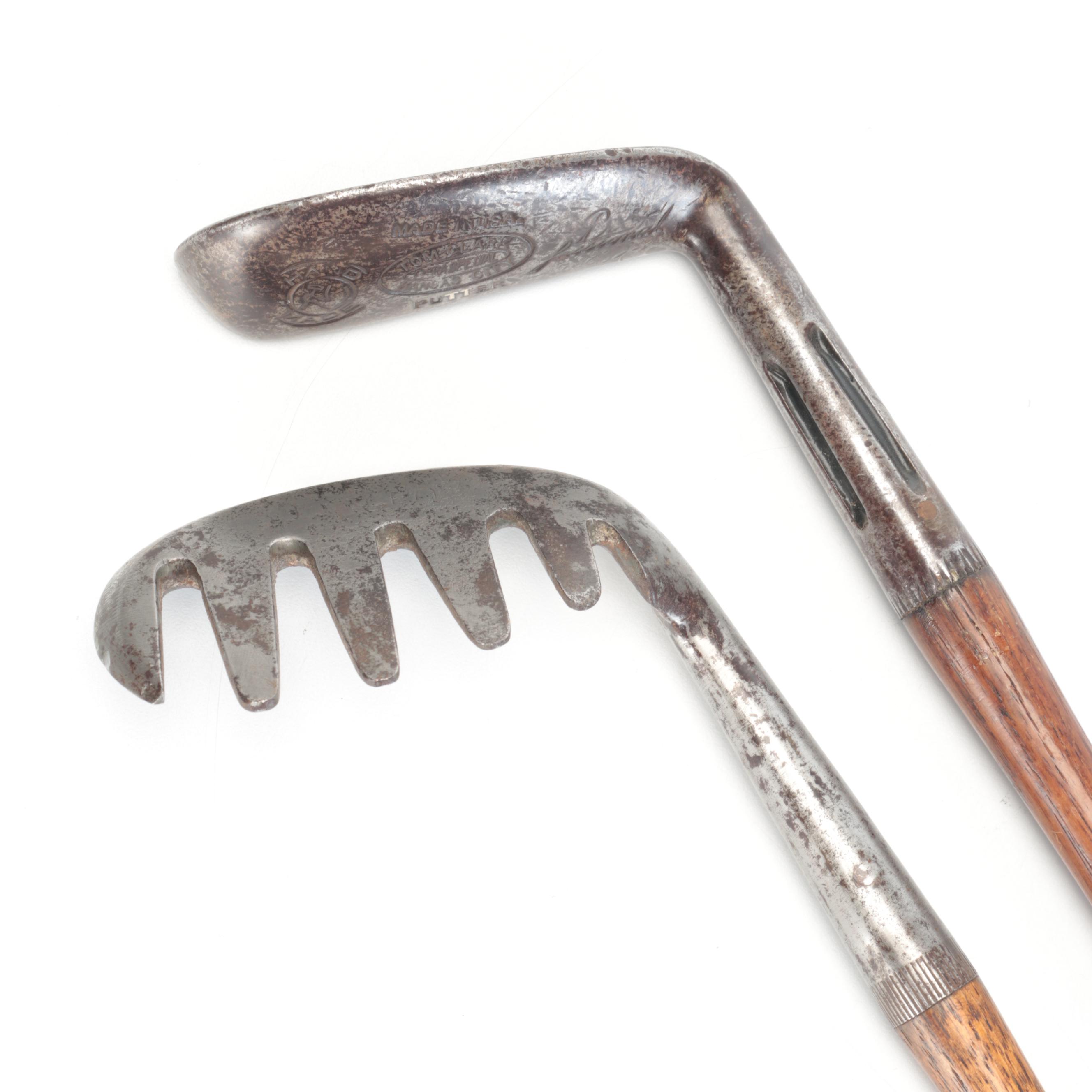 Wilsonian Hand-Forged Putter with Other Hickory Shaft Golfing Irons and Clubs