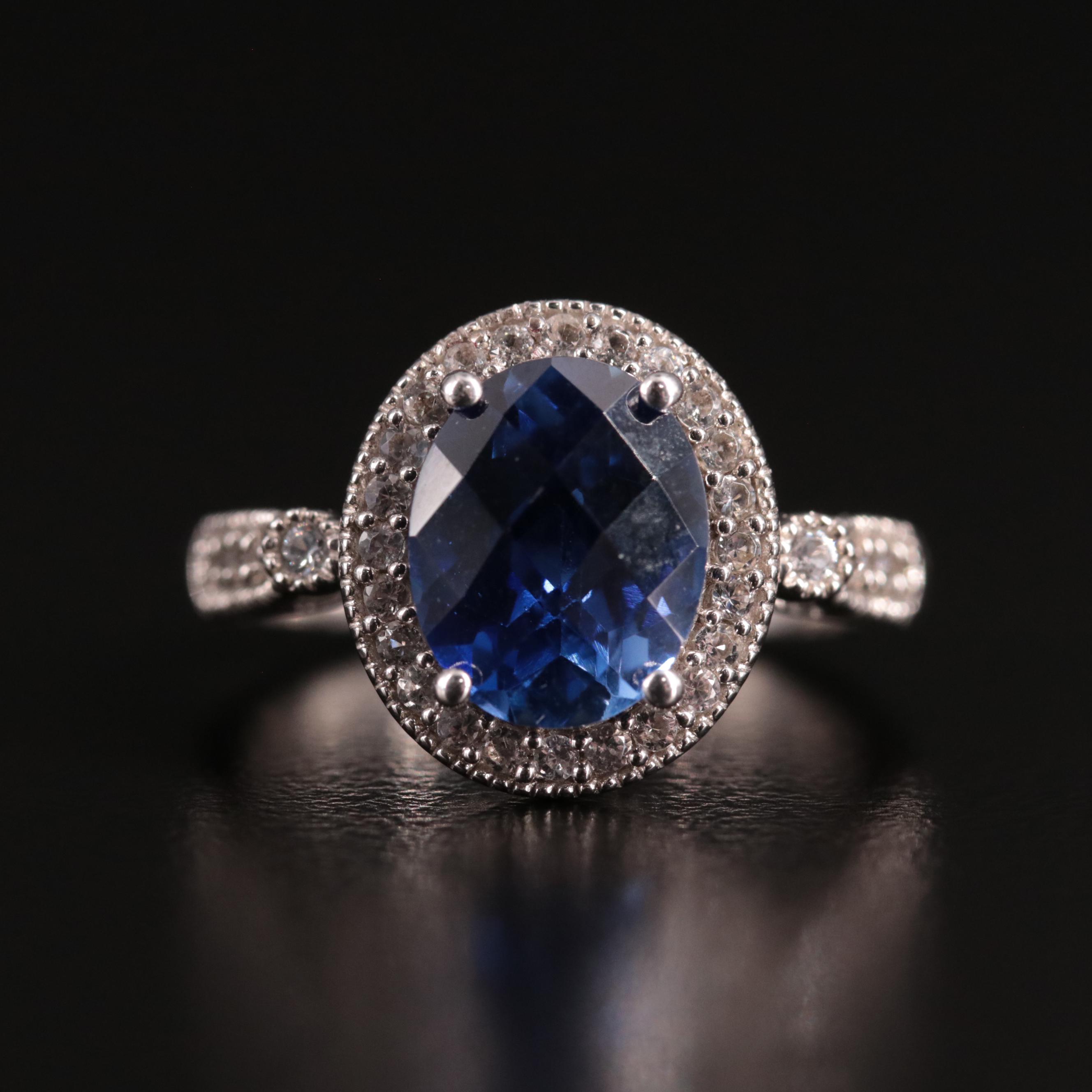 Sterling Sapphire and White Sapphire Halo Ring