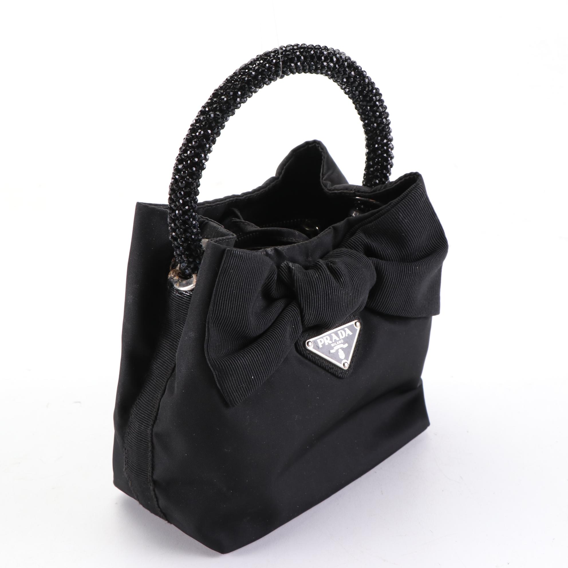 Prada Bow Handbag in Black Tessuto Nylon with Beaded Handle