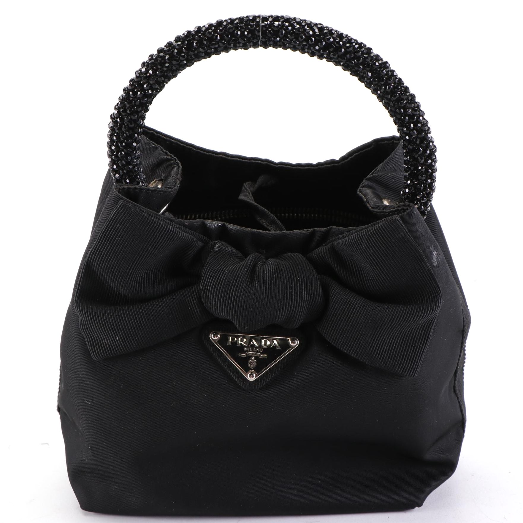 Prada Bow Handbag in Black Tessuto Nylon with Beaded Handle