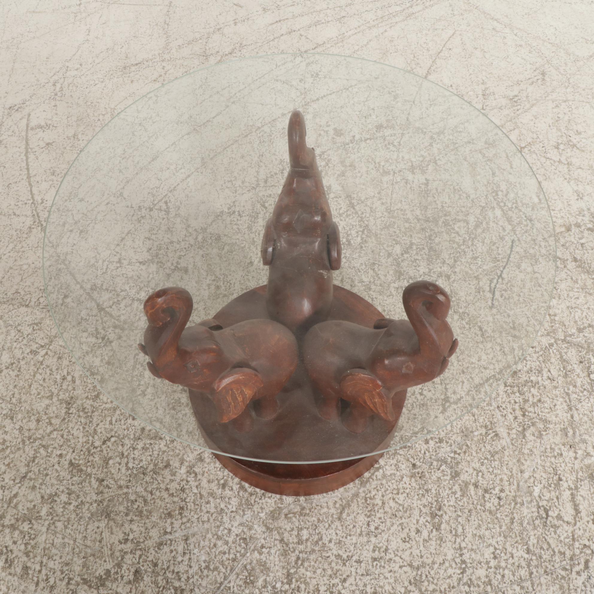 Carved Wood Glass Top Coffee Table