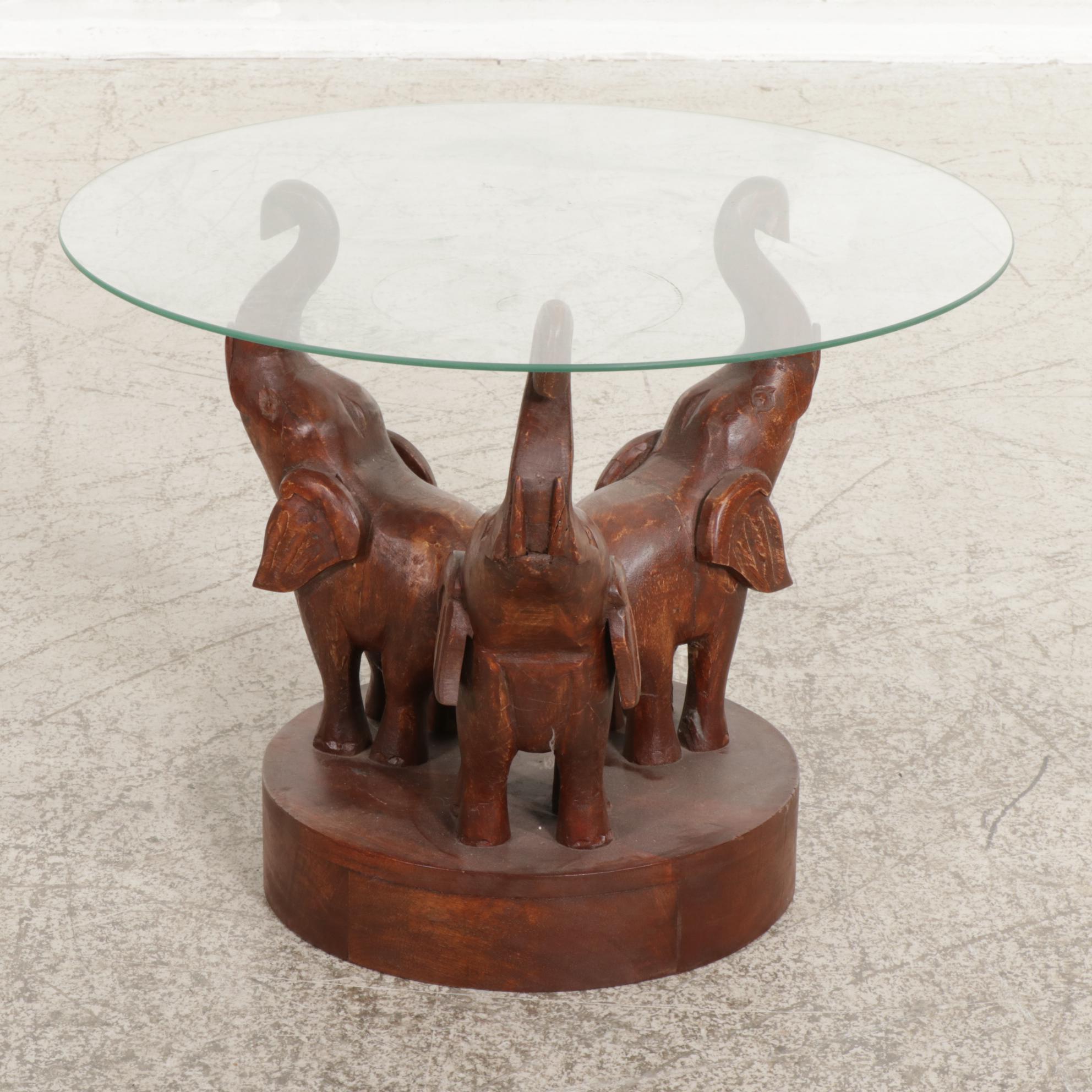 Carved Wood Glass Top Coffee Table