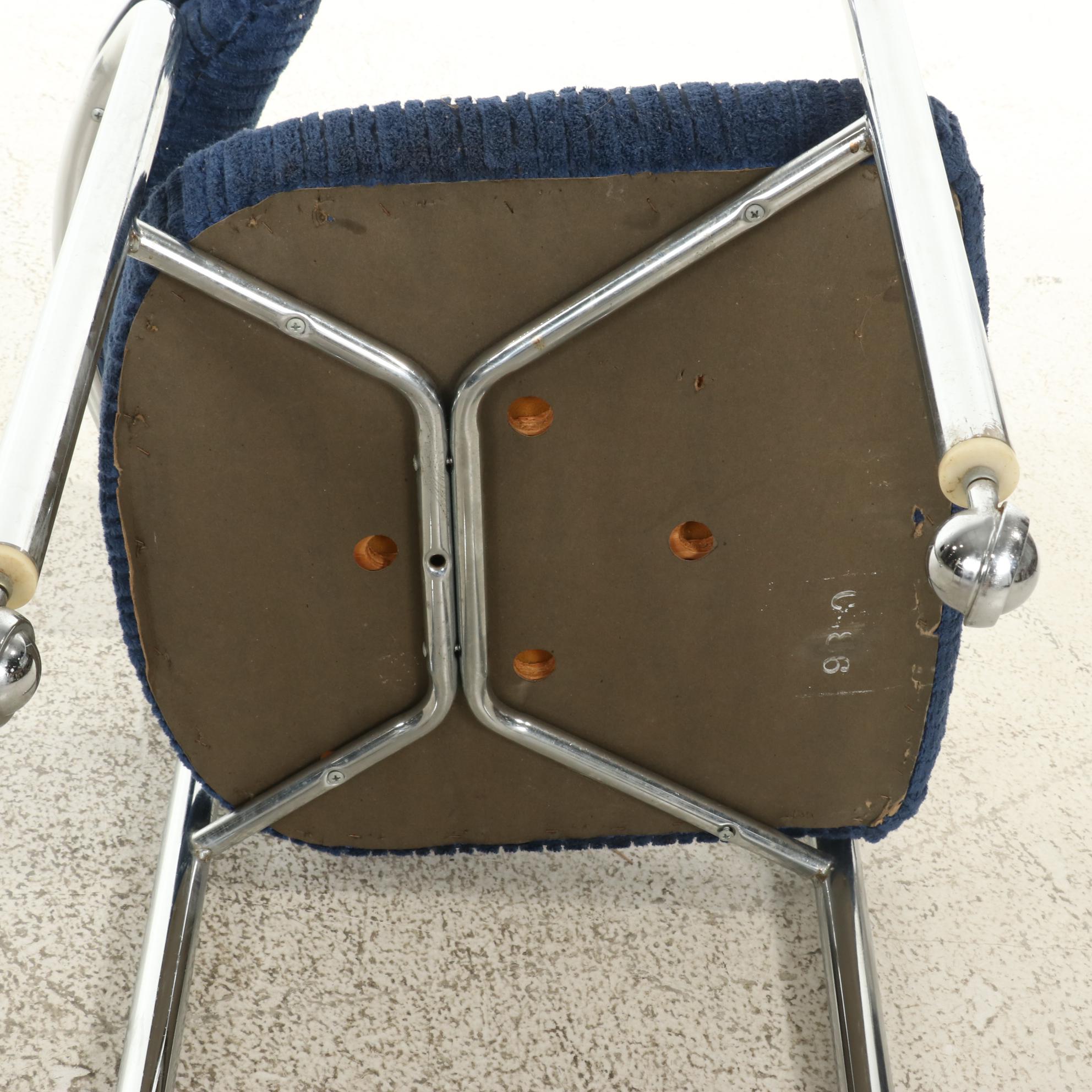 Four Tubular Chromed Metal Upholstered Rolling Armchairs, attr. to Chromcraft