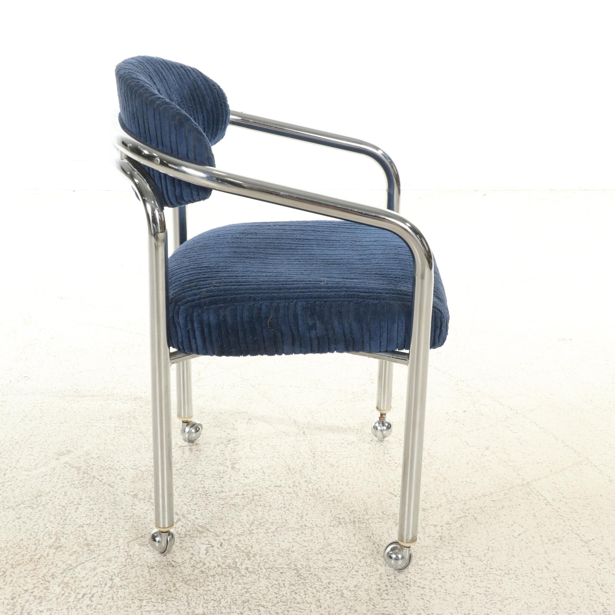 Four Tubular Chromed Metal Upholstered Rolling Armchairs, attr. to Chromcraft
