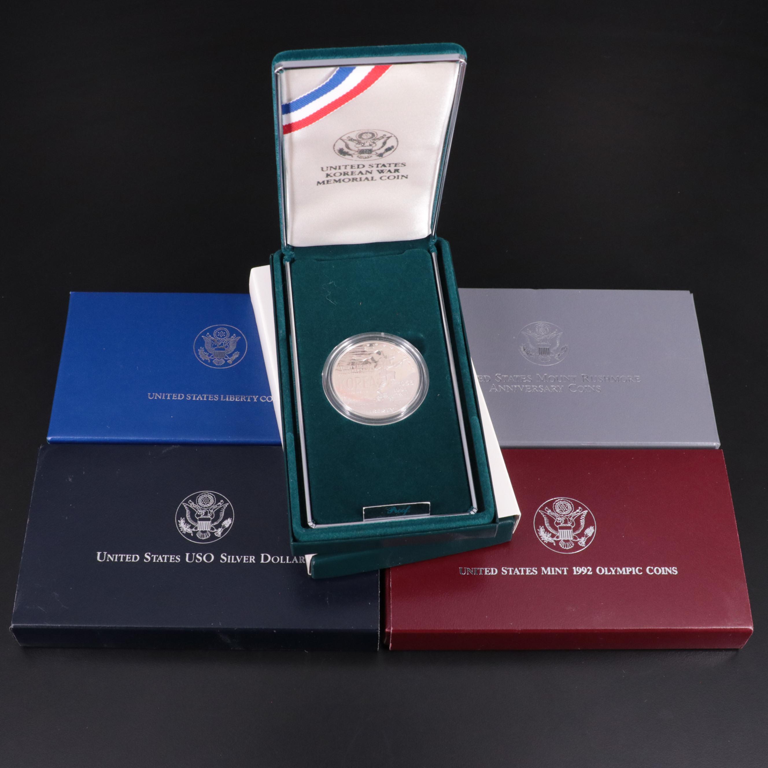Group of Five Different Proof Modern Commemorative Silver Dollars