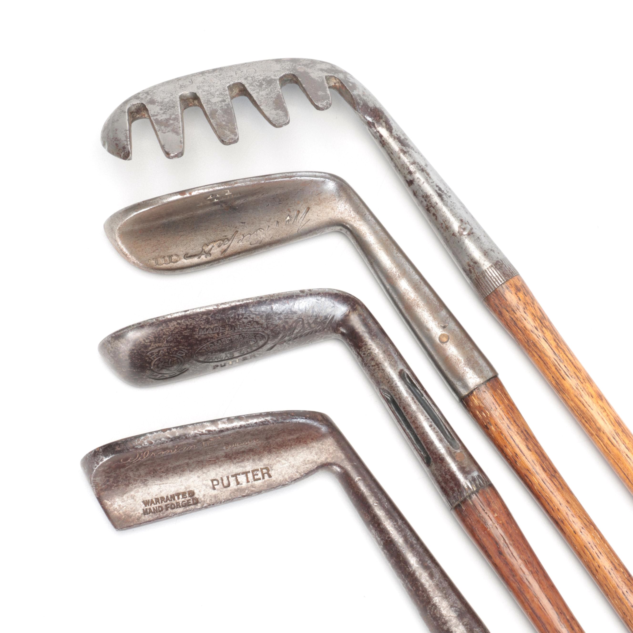 Wilsonian Hand-Forged Putter with Other Hickory Shaft Golfing Irons and Clubs