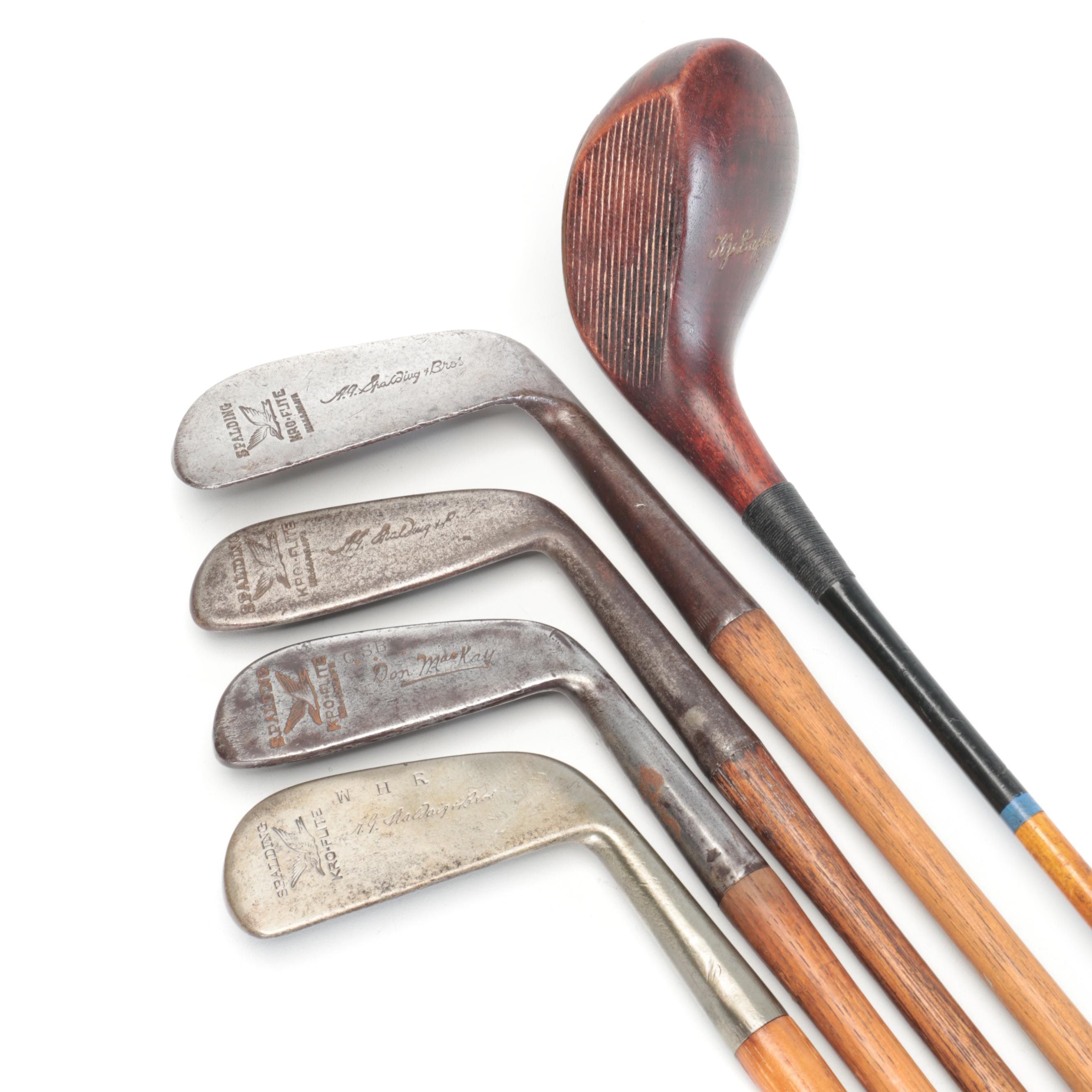 Spalding Ky Laffoon 3 Wood and Other Spalding Kro-Flite Hickory Shaft Golf Clubs