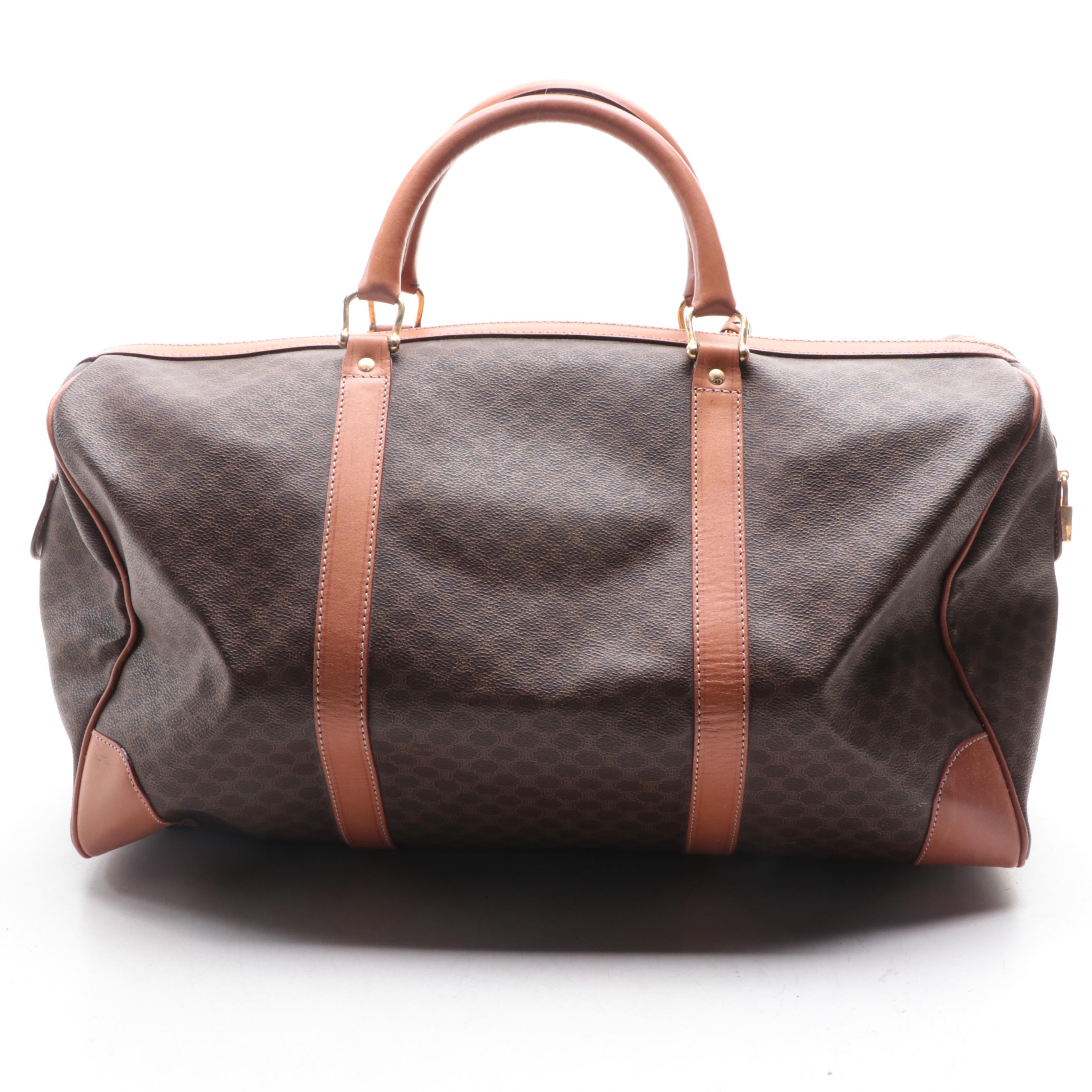Celine Duffle Bag in Macadam Coated Canvas and Brown Leather