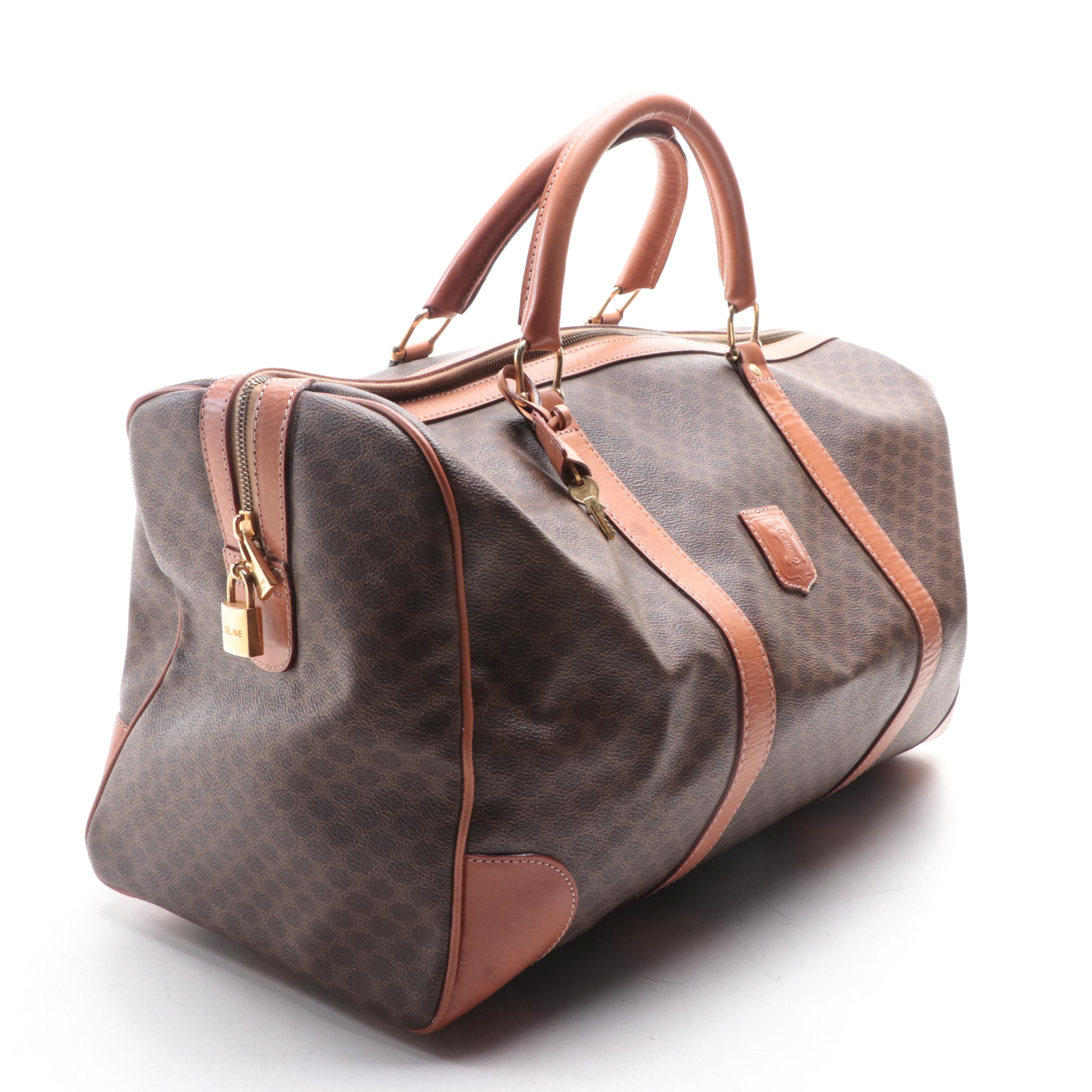 Celine Duffle Bag in Macadam Coated Canvas and Brown Leather