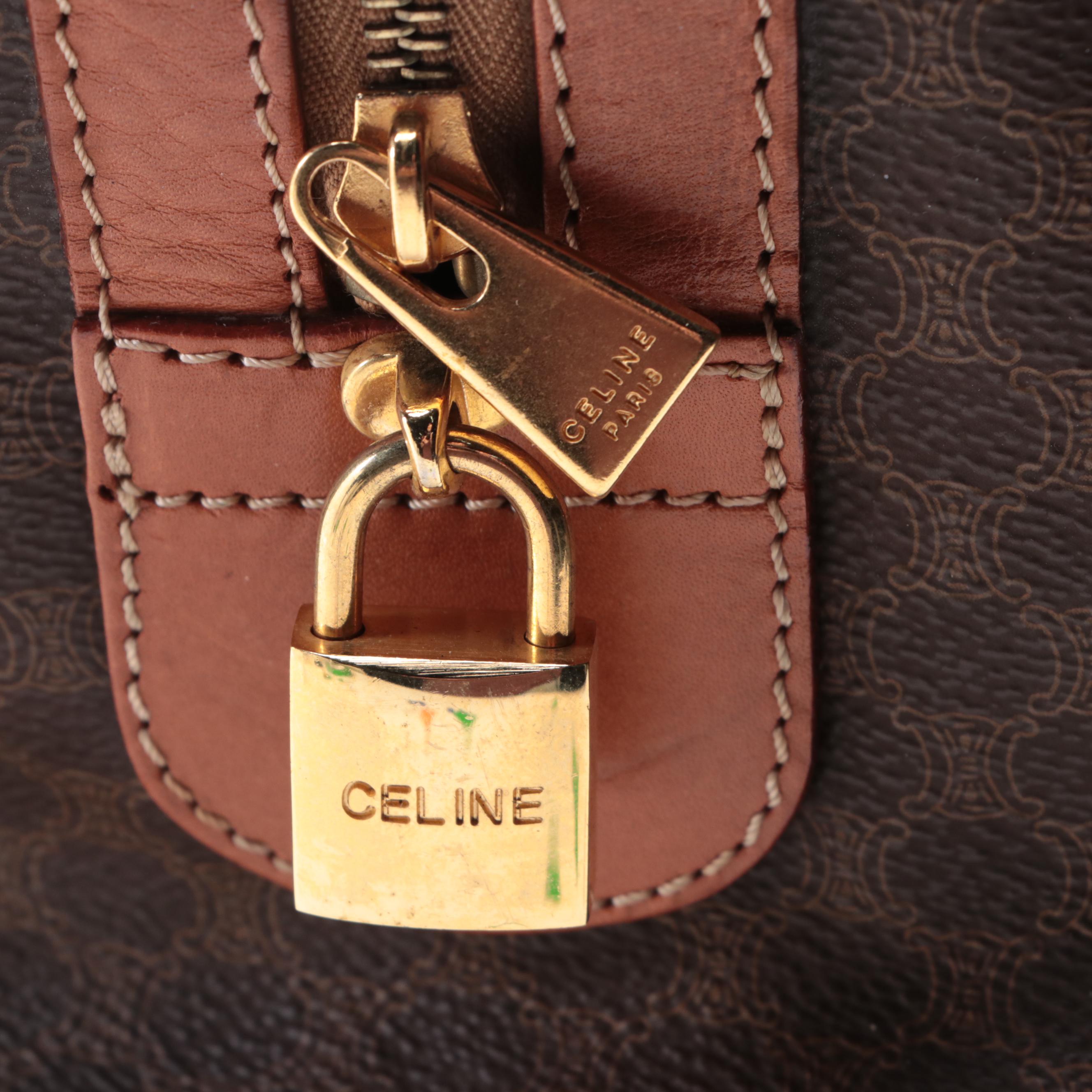 Celine Duffle Bag in Macadam Coated Canvas and Brown Leather