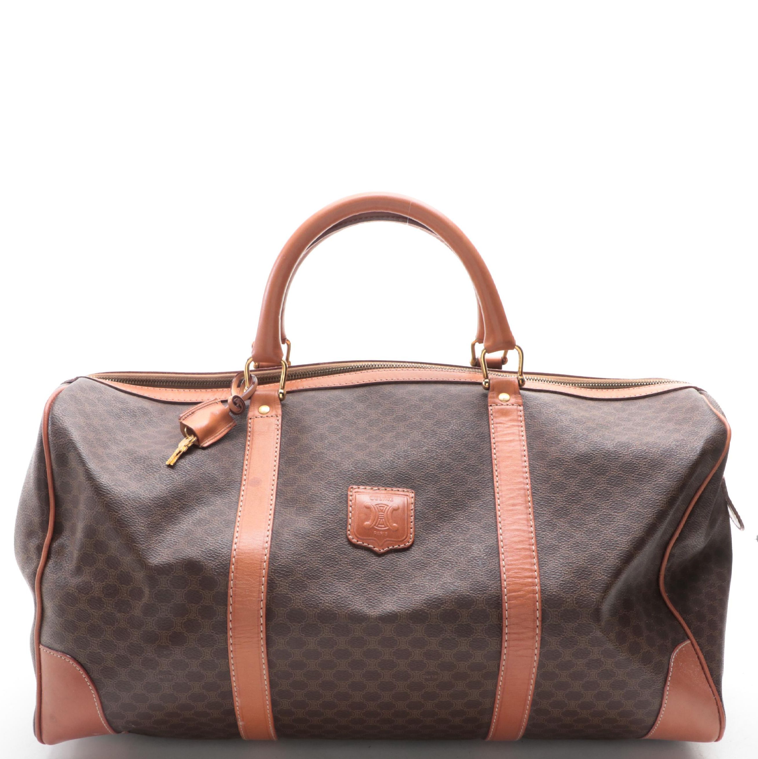 Celine Duffle Bag in Macadam Coated Canvas and Brown Leather