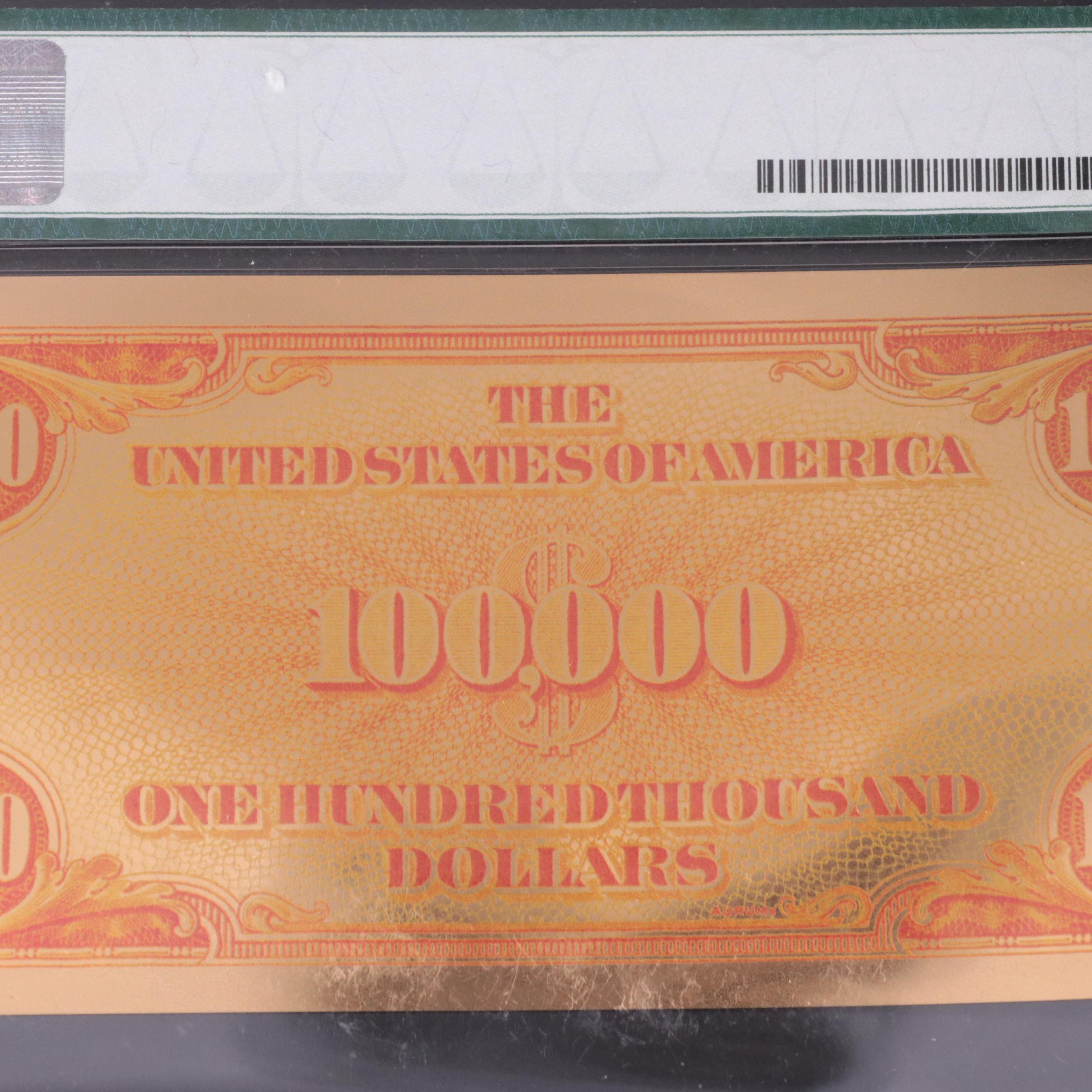 PMG Gem Uncirculated "Smithsonian Edition" Gold Plated  $100,000 Fantasy Note