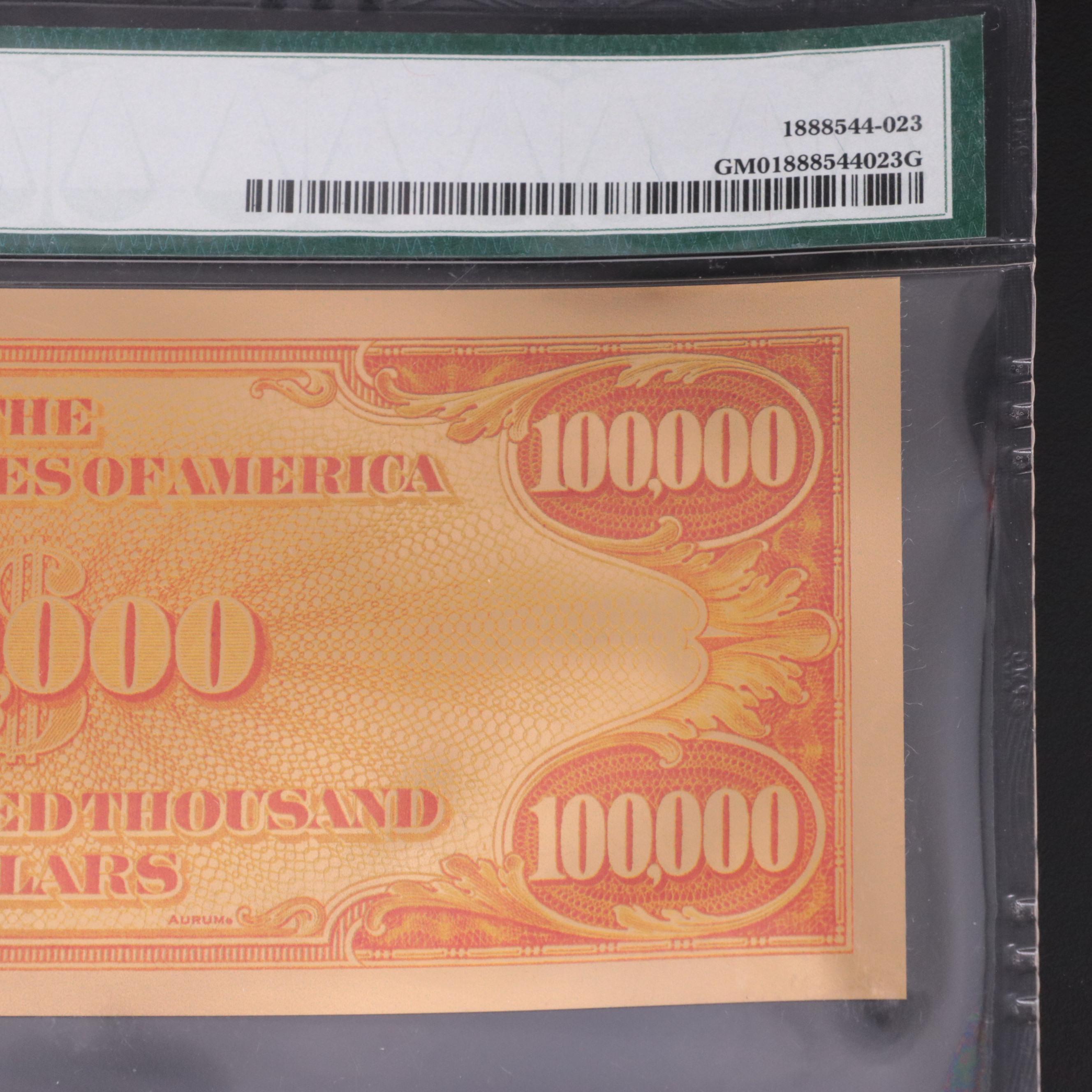 PMG Gem Uncirculated "Smithsonian Edition" Gold Plated  $100,000 Fantasy Note