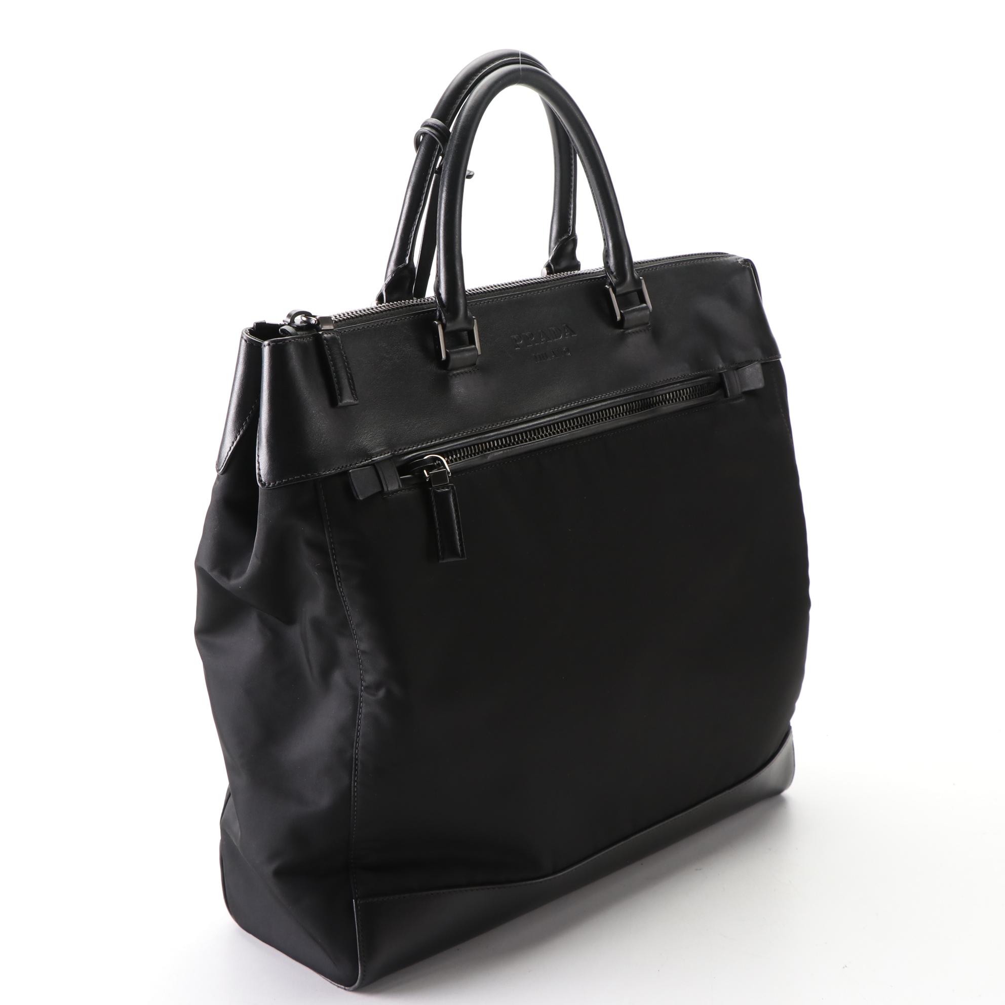 Prada Large Tessuto Zip Tote in Black Calfskin and Nylon