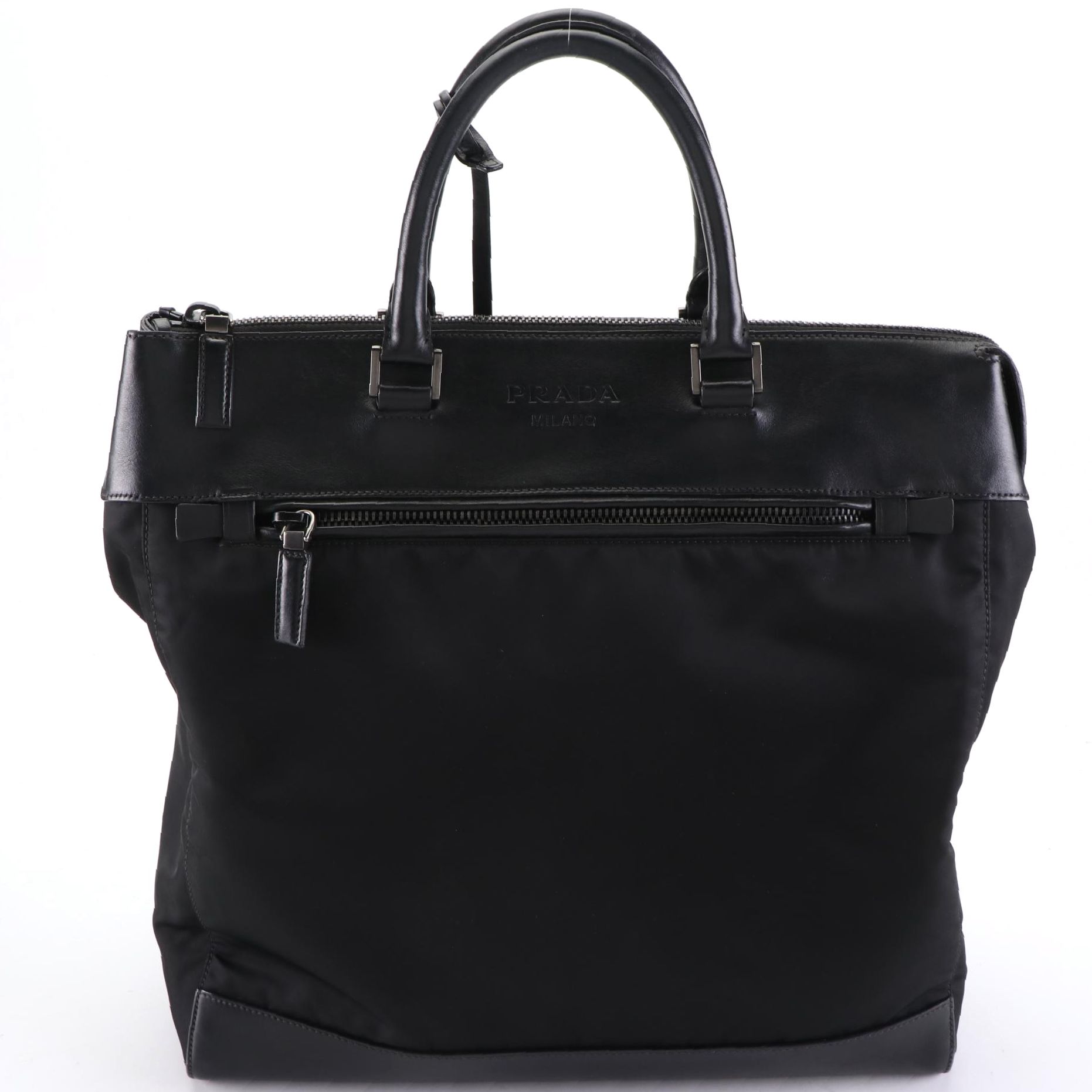 Prada Large Tessuto Zip Tote in Black Calfskin and Nylon