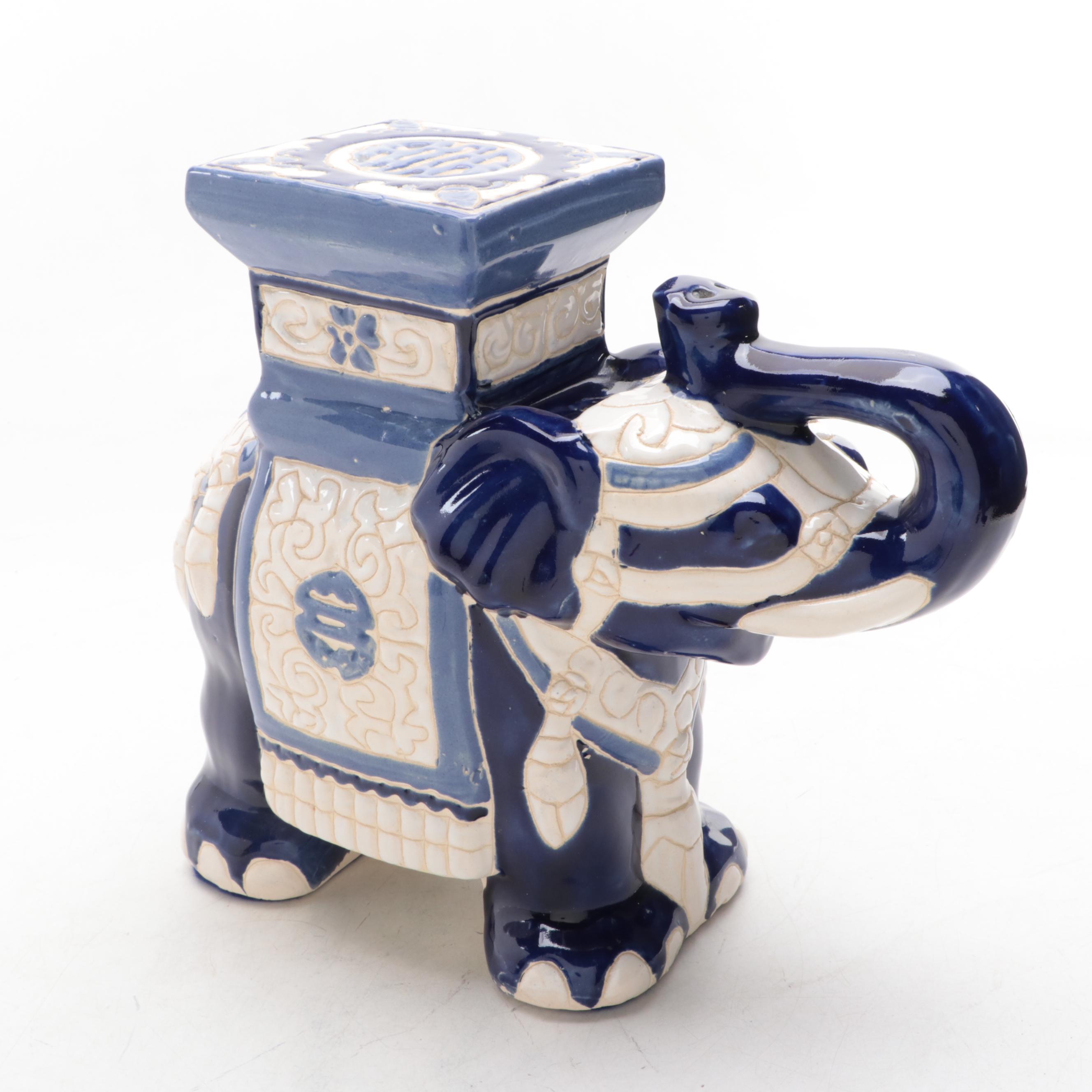 Chinese Style Cobalt Blue and White Ceramic Elephant Plant Stand