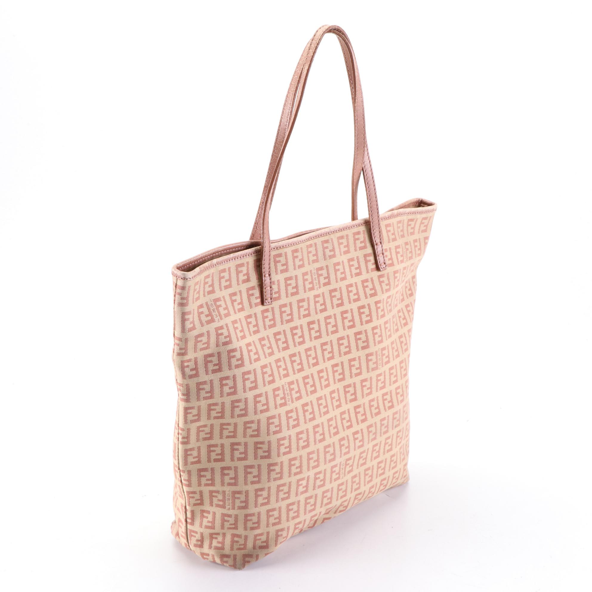 Fendi Small Tote Bag in Zuccchino Canvas and Leather Trim