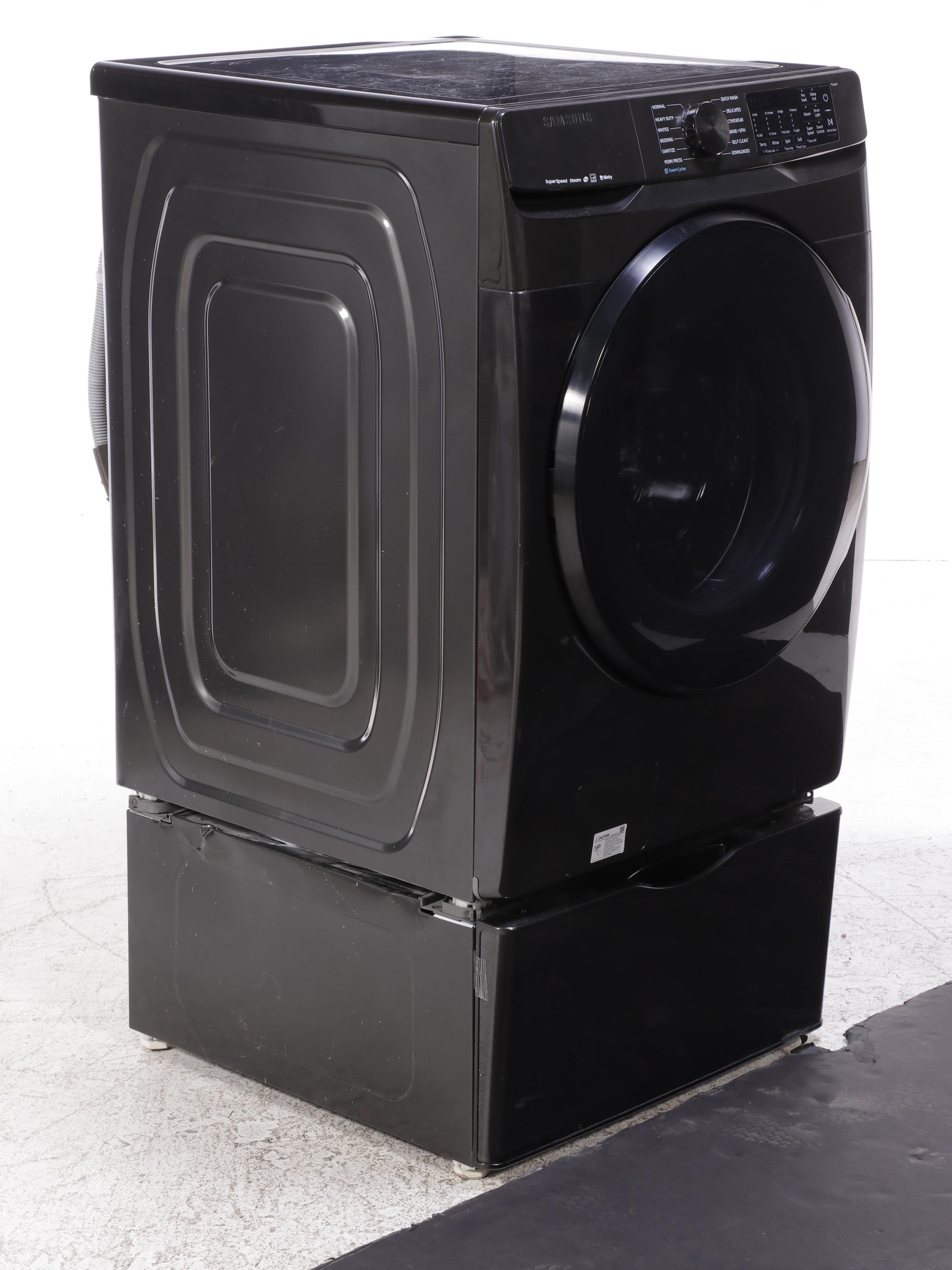 Samsung 5.0 Cu. Ft. Smart Front Load Washer, Pedestal and GE 7.8 Cu. Ft. Dryer