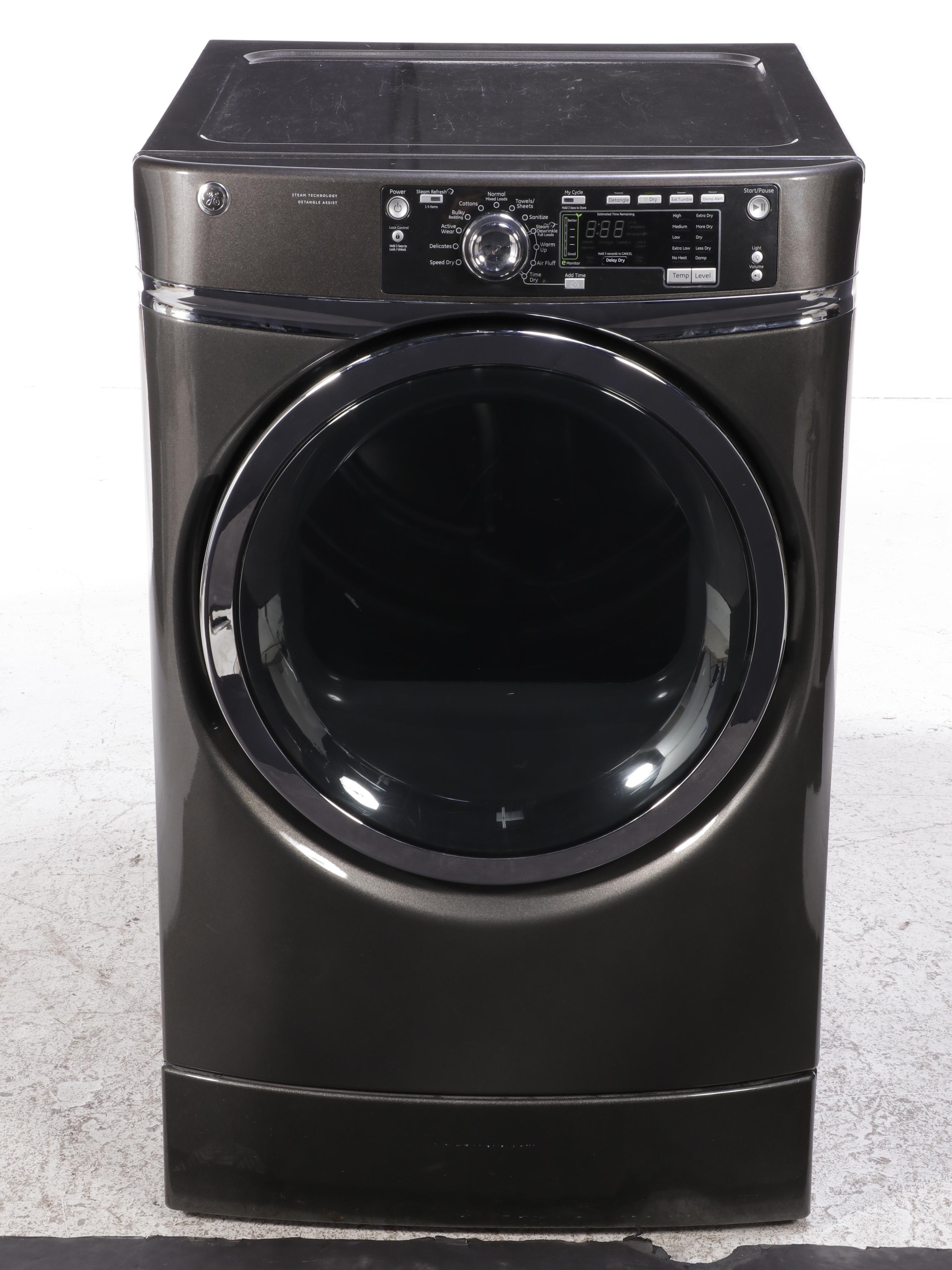 Samsung 5.0 Cu. Ft. Smart Front Load Washer, Pedestal and GE 7.8 Cu. Ft. Dryer