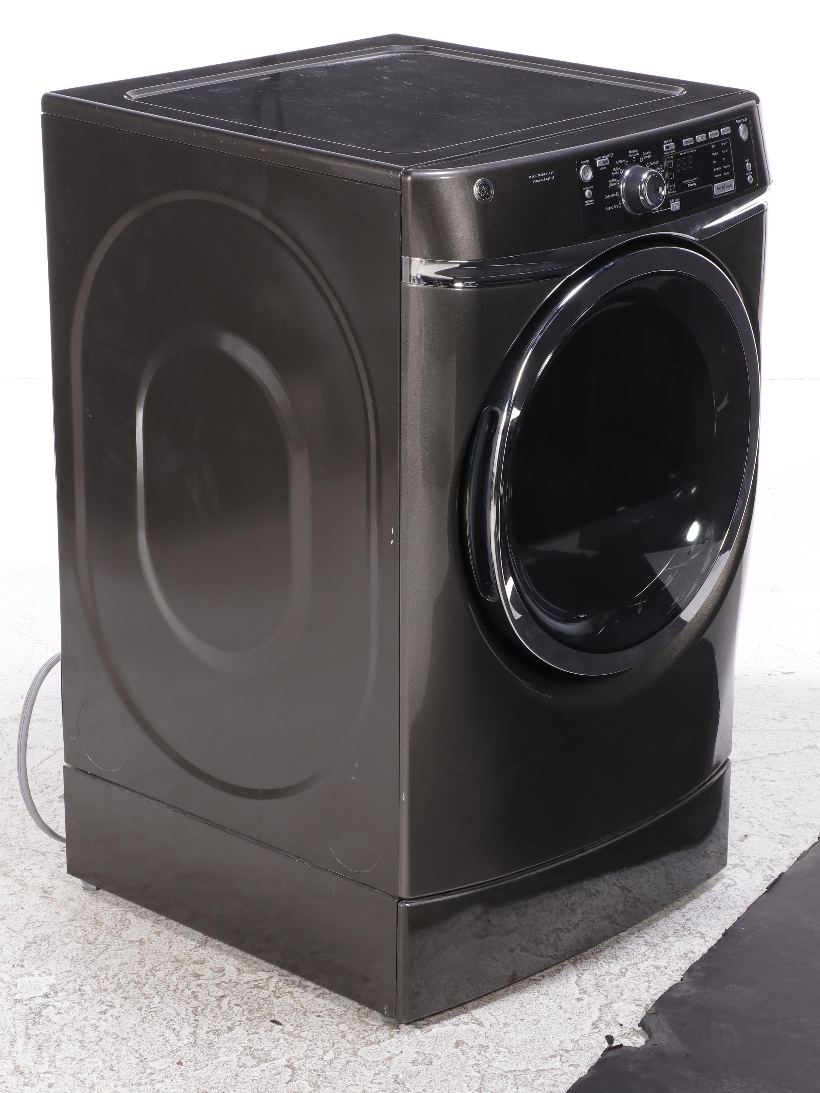 Samsung 5.0 Cu. Ft. Smart Front Load Washer, Pedestal and GE 7.8 Cu. Ft. Dryer
