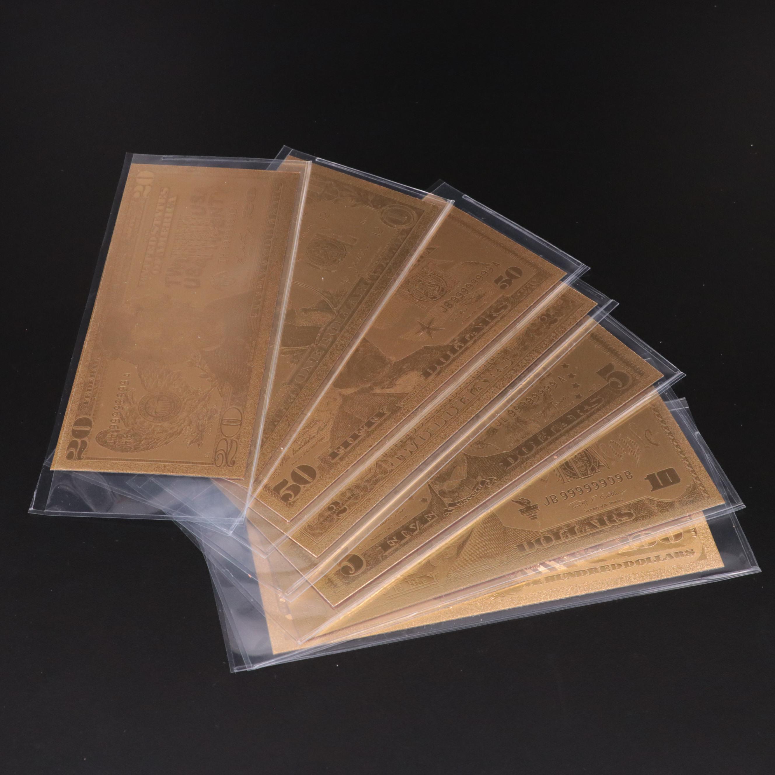 Collection of Seven 24k Gold Foil U.S. Currency Fantasy Notes