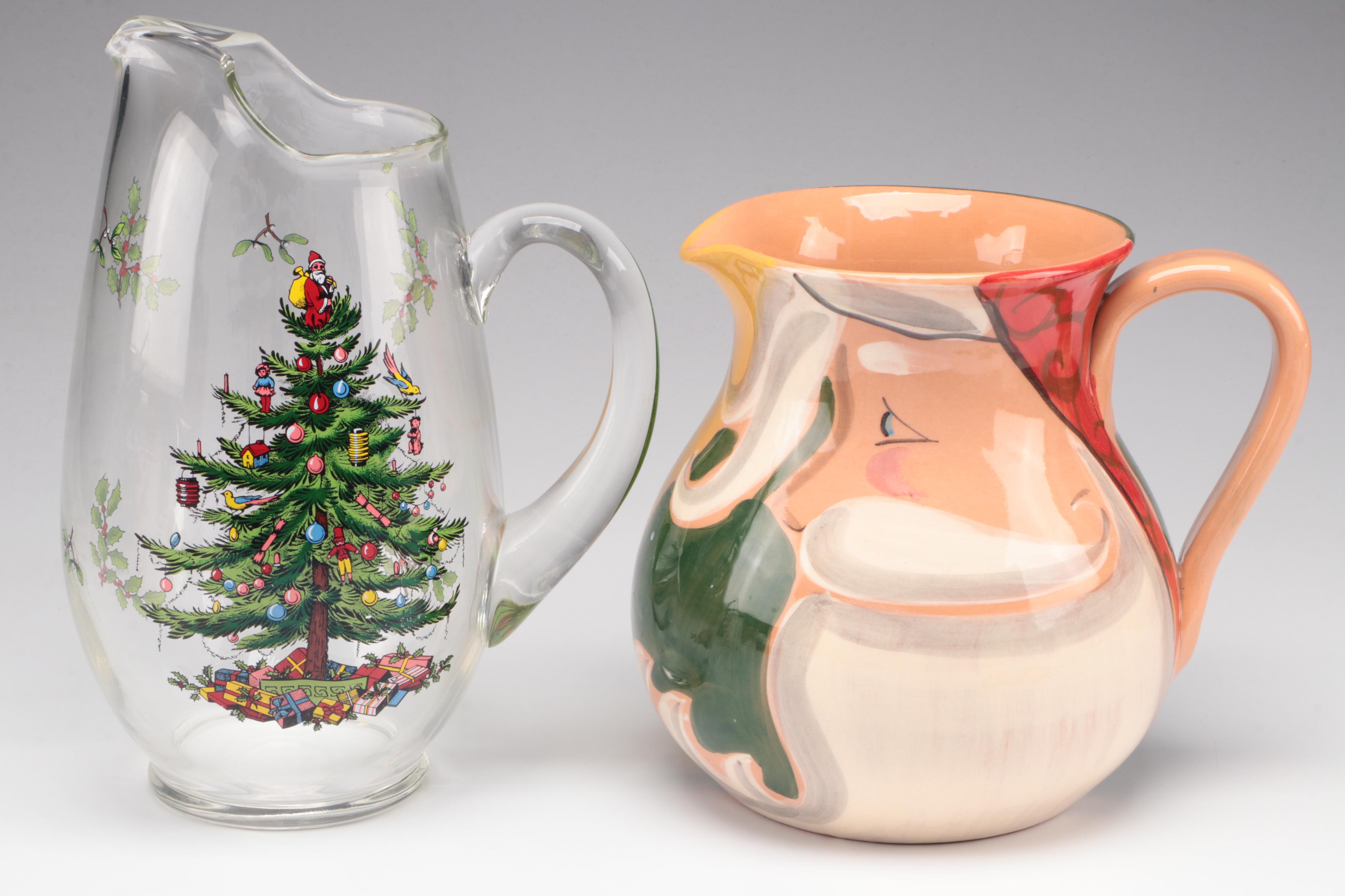 Spode "Christmas Tree" Glass Pitcher with Christmas Pitcher, Mugs and Ornaments