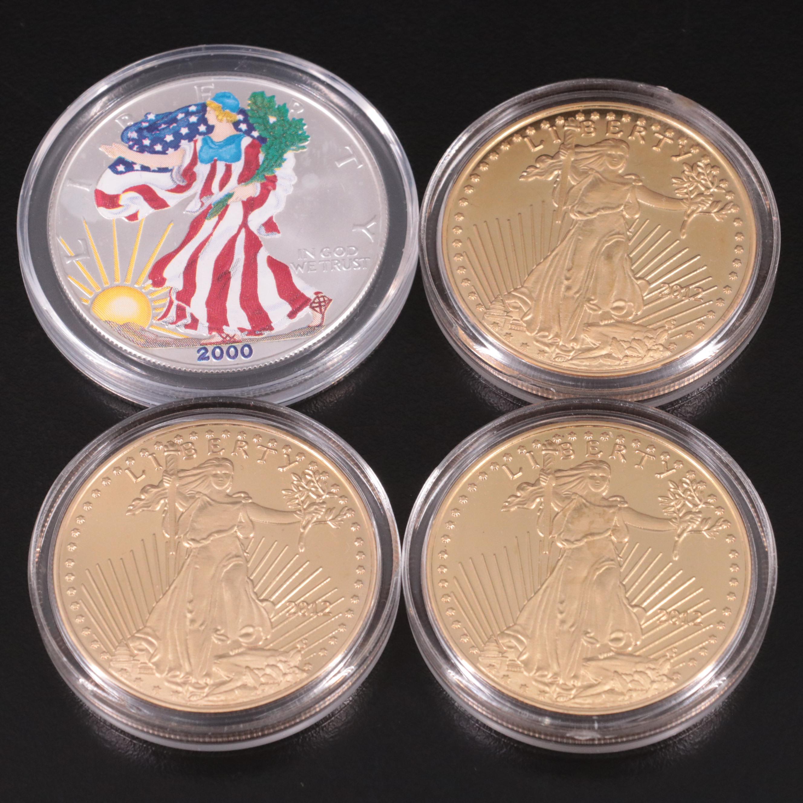 2000 Colorized American Silver Eagle and Three Fantasy Base Metal Gold Coins