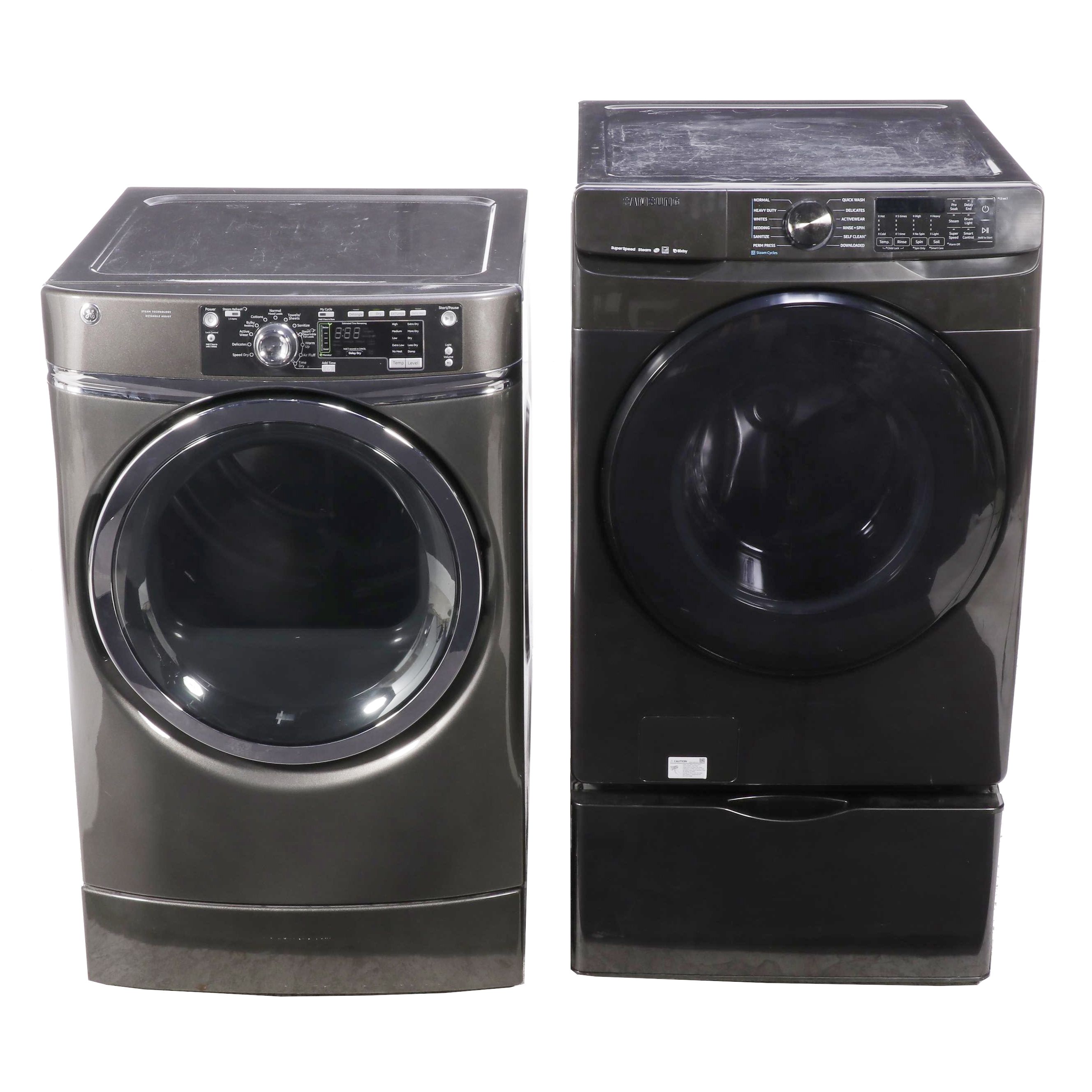 Samsung 5.0 Cu. Ft. Smart Front Load Washer, Pedestal and GE 7.8 Cu. Ft. Dryer